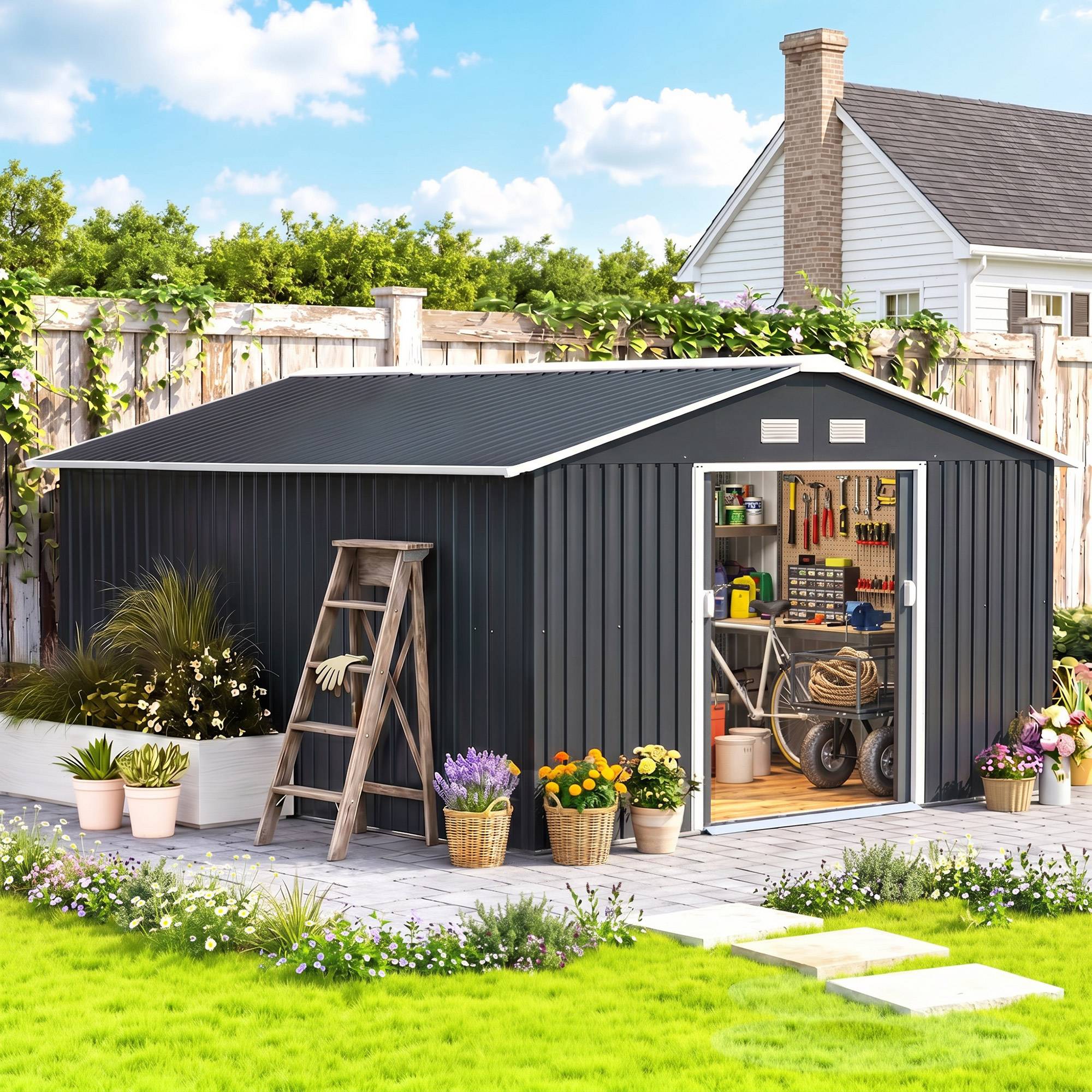 Abri de jardin étanche pour outils de jardin, avec fenêtres d'aération, portes coulissantes, en acier, gris anthracite. - Image 3