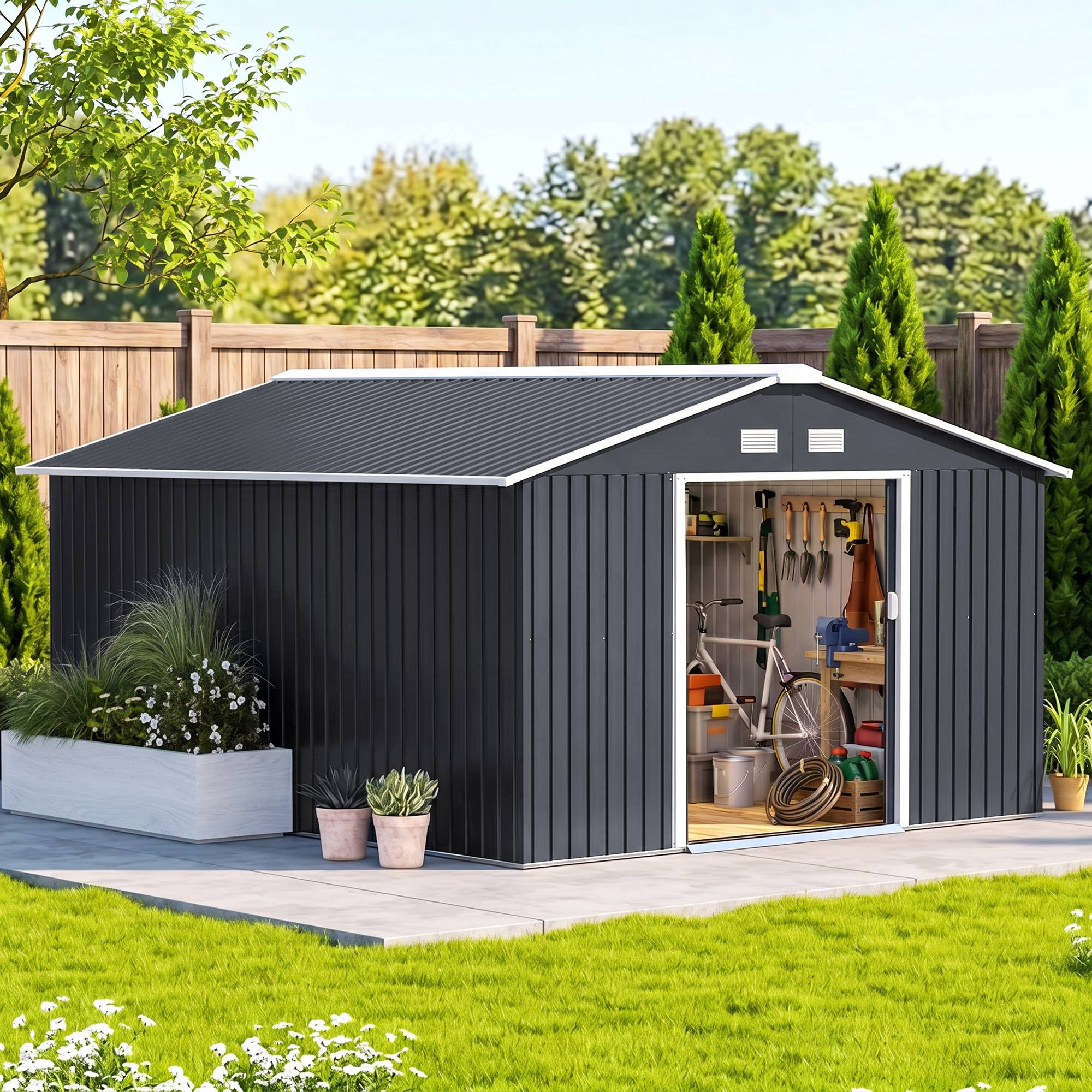 Abri de jardin étanche pour outils de jardin, avec fenêtres d'aération, portes coulissantes, en acier, gris anthracite. - Image 4