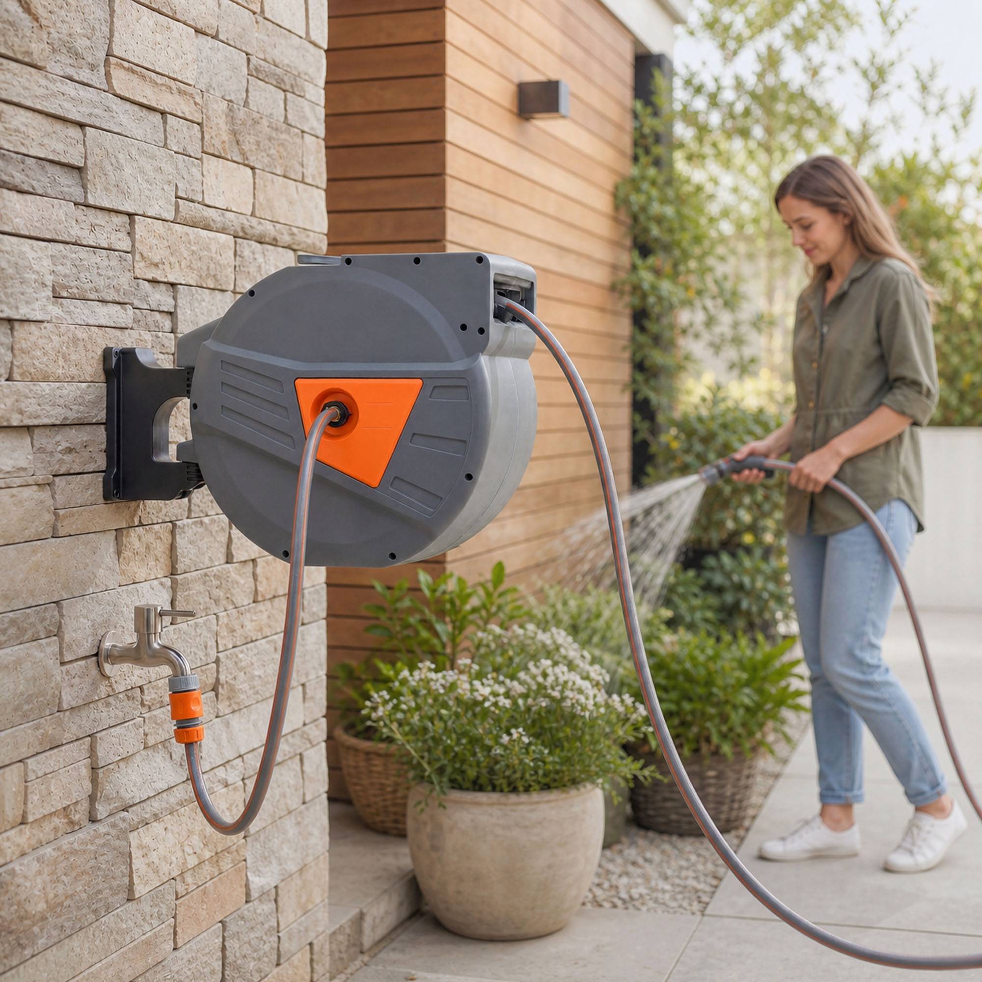 ComfortXL - Enrouleur de tuyau d'arrosage mural en polypropylène orange 40 + 2 m pivotant à 180° à rappel automatique - Image 9