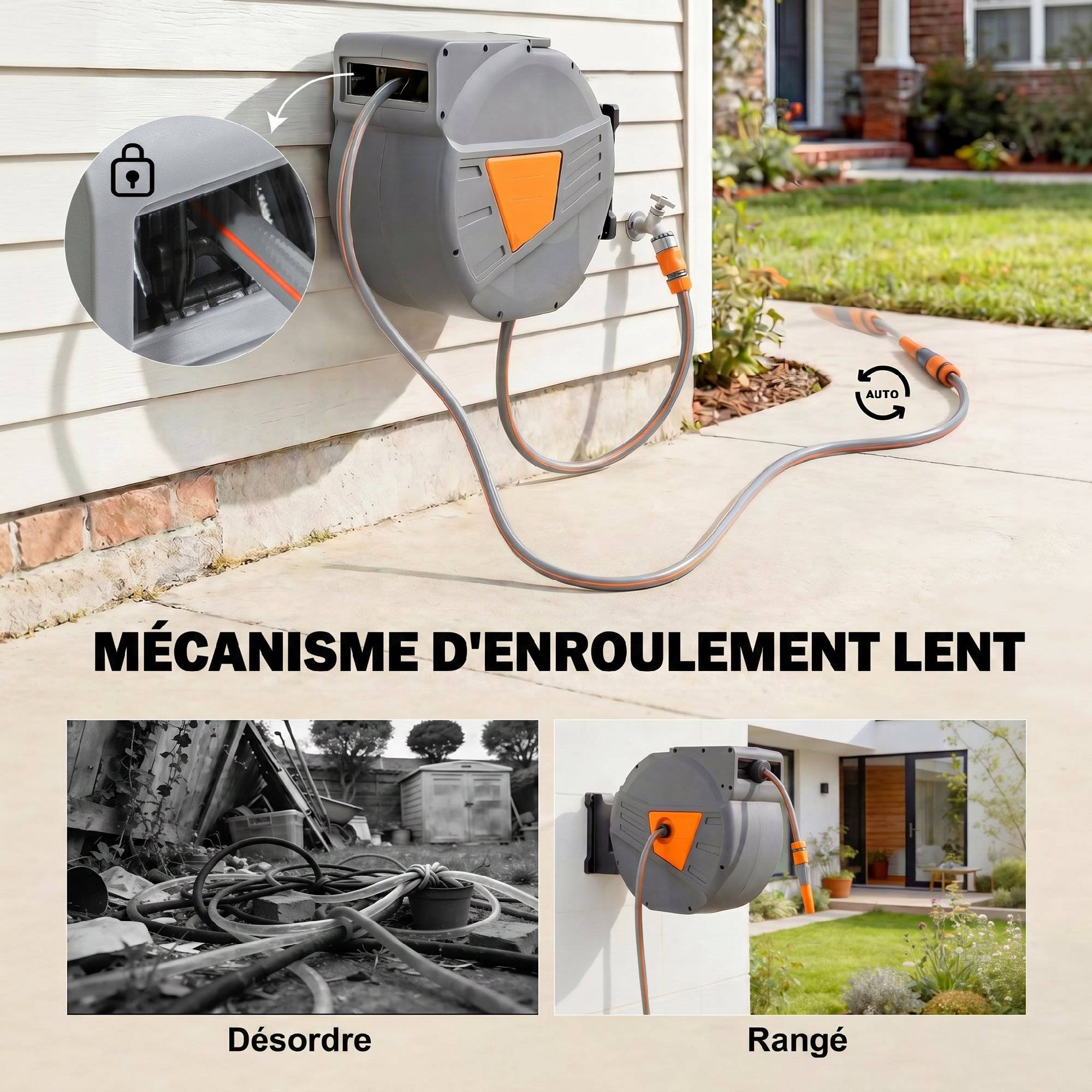 ComfortXL - Enrouleur de tuyau d'arrosage mural en polypropylène orange 40 + 2 m pivotant à 180° à rappel automatique - Image 5