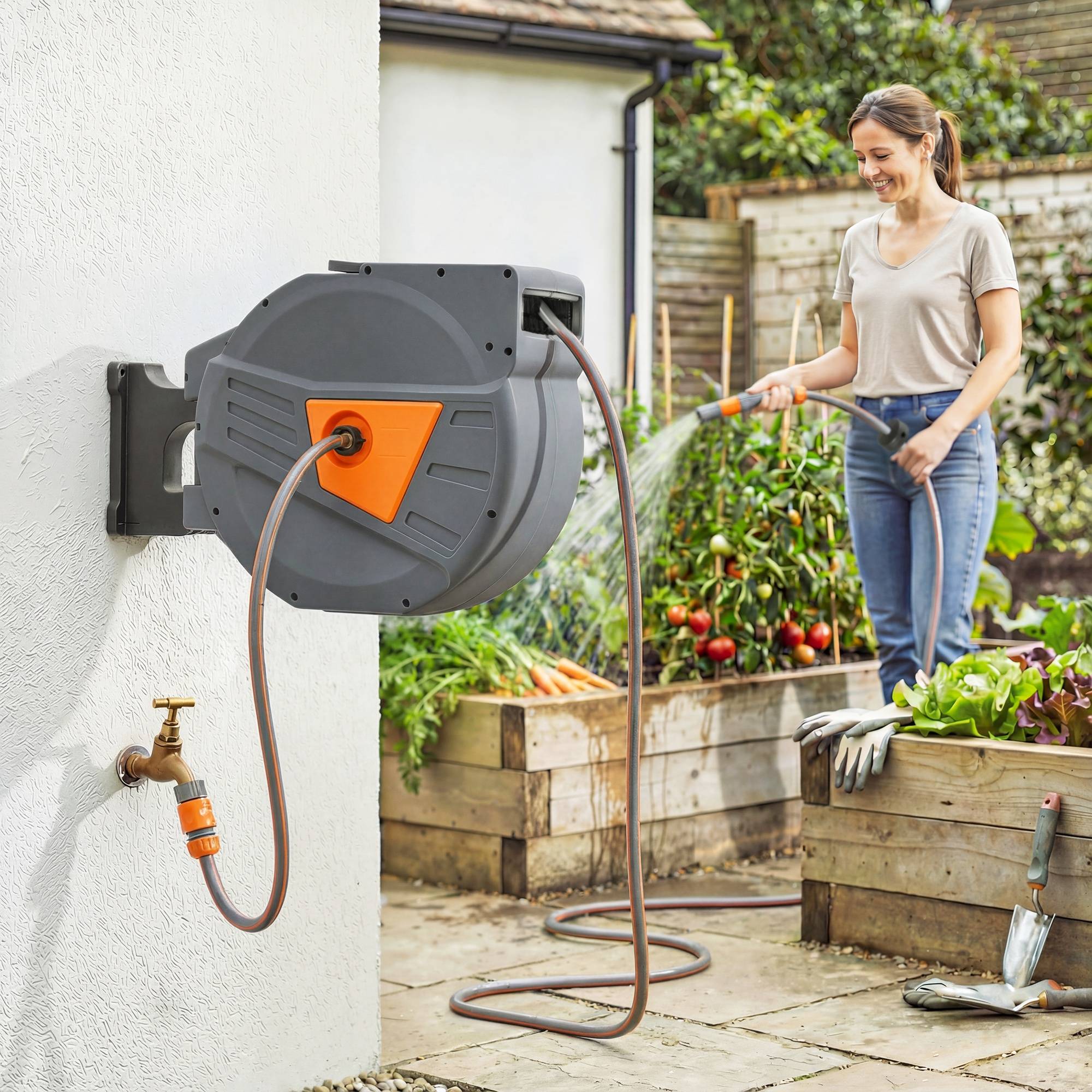 ComfortXL - Enrouleur de tuyau d'arrosage mural en polypropylène orange 40 + 2 m pivotant à 180° à rappel automatique - Image 1