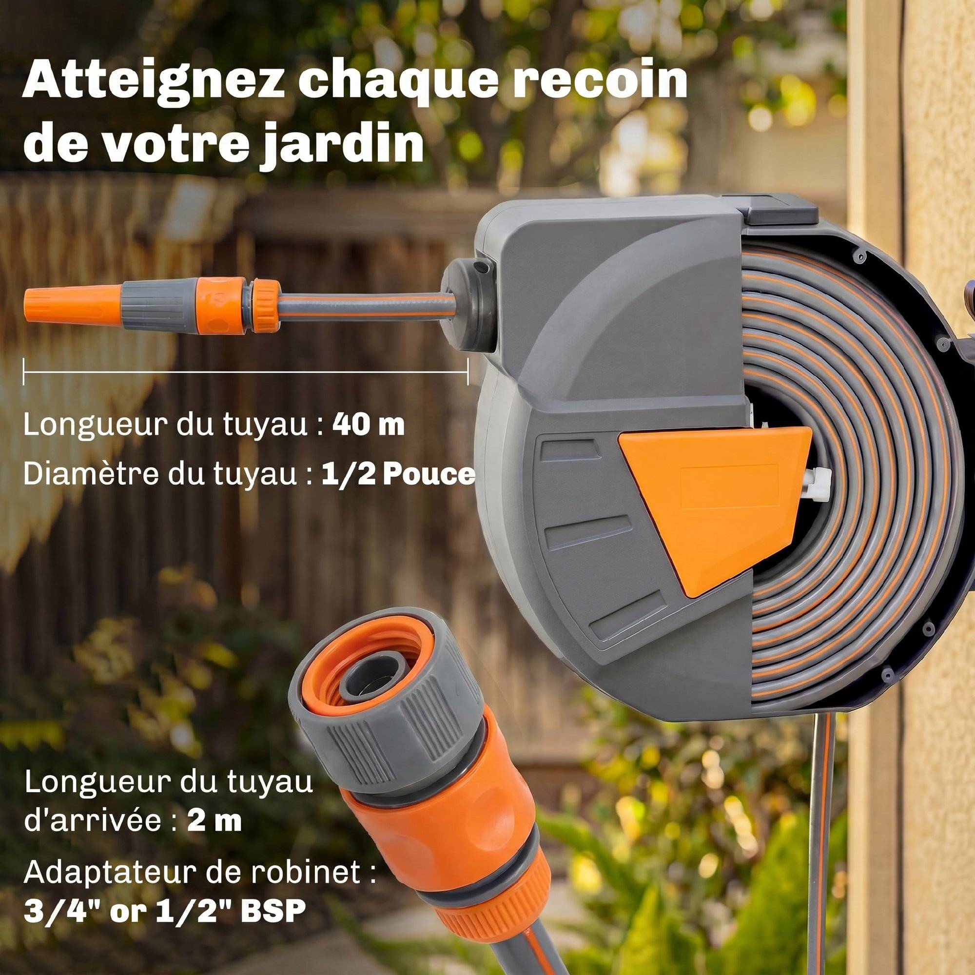 ComfortXL - Enrouleur de tuyau d'arrosage mural en polypropylène orange 40 + 2 m pivotant à 180° à rappel automatique - Image 4