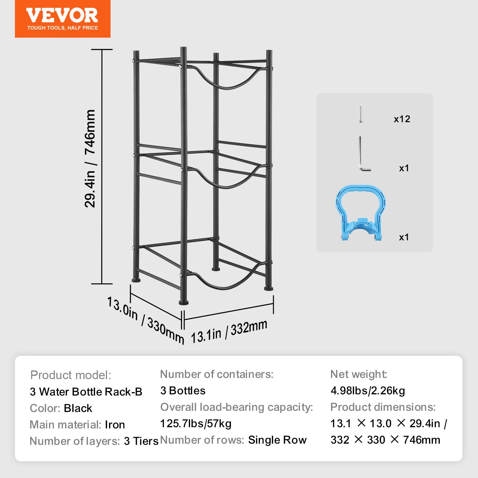 Vevor - VEVOR Rack bonbonnes 3 niveaux, support métal 3 bouteilles 18,9 L, 57 kg capacité, montage facile, pieds réglables, noir. - Image 6
