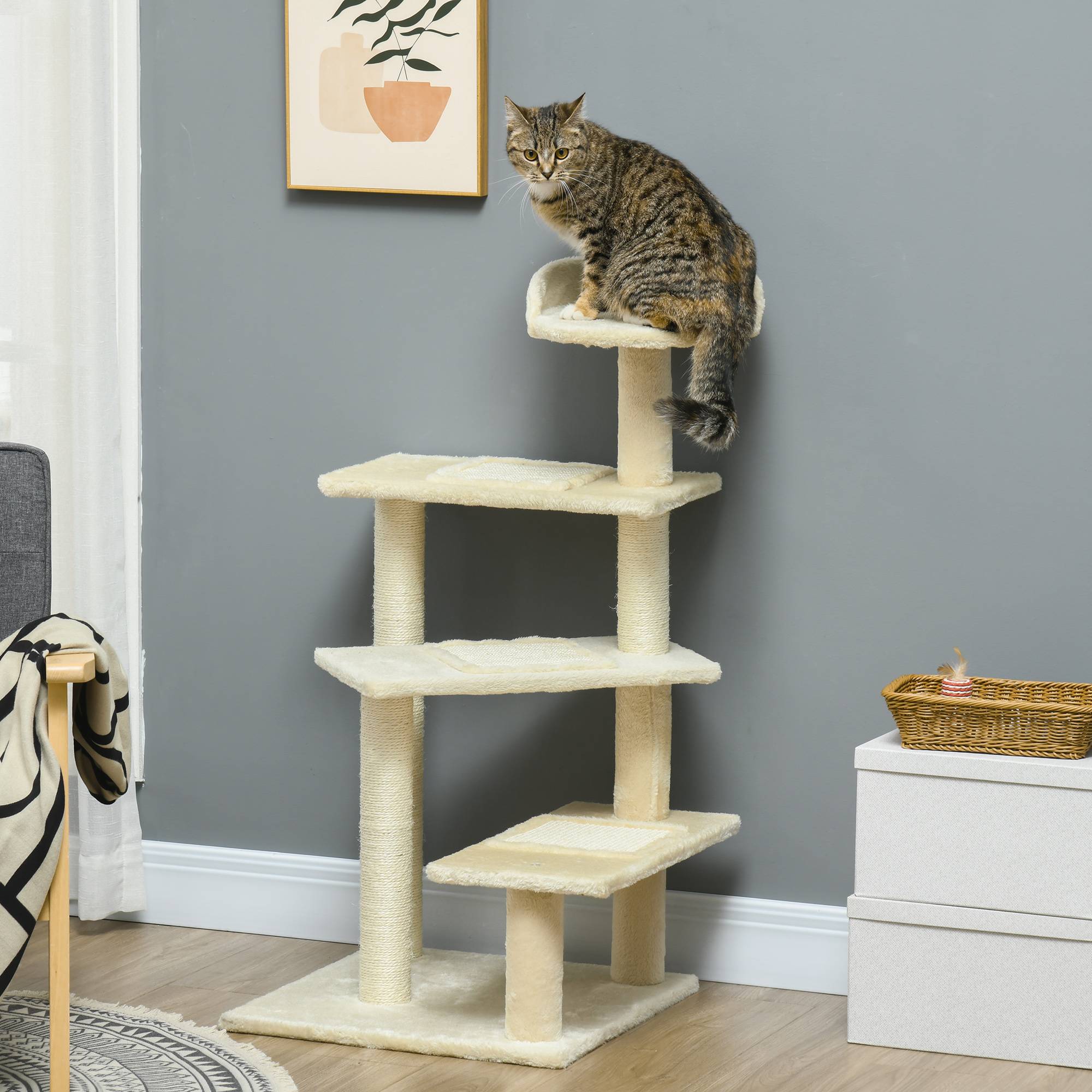 Arbre à chat classique sisal peluche plateforme observation 50x50x100 cm beige - ComfortXL Outdoor Living - Image 3