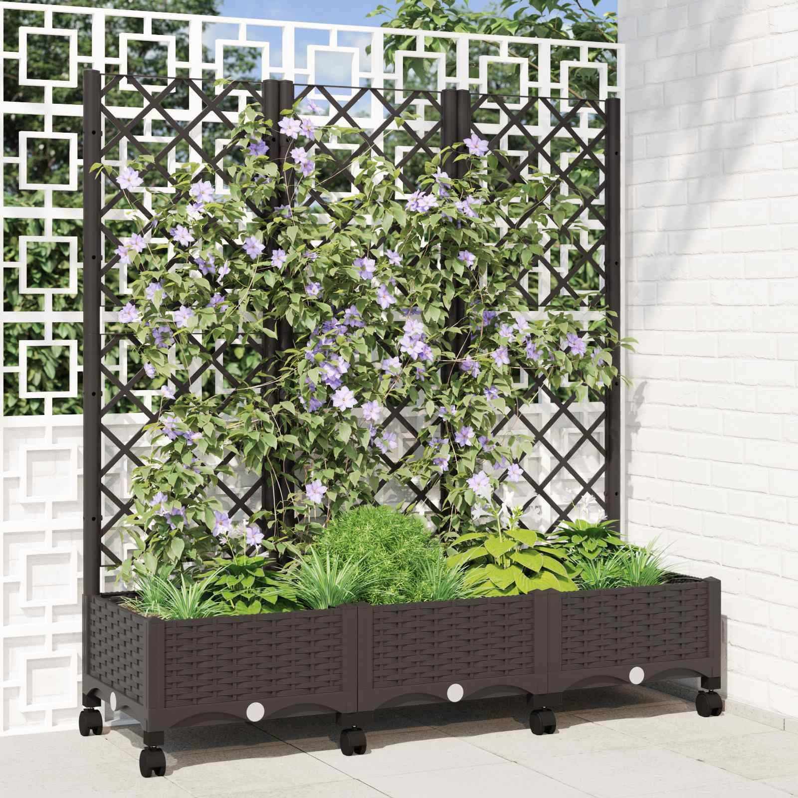 ComfortXL - Jardinière rectangulaire treillis roulettes extérieur terrasse 120x131cm marron - ComfortXL Outdoor Living - Image 1