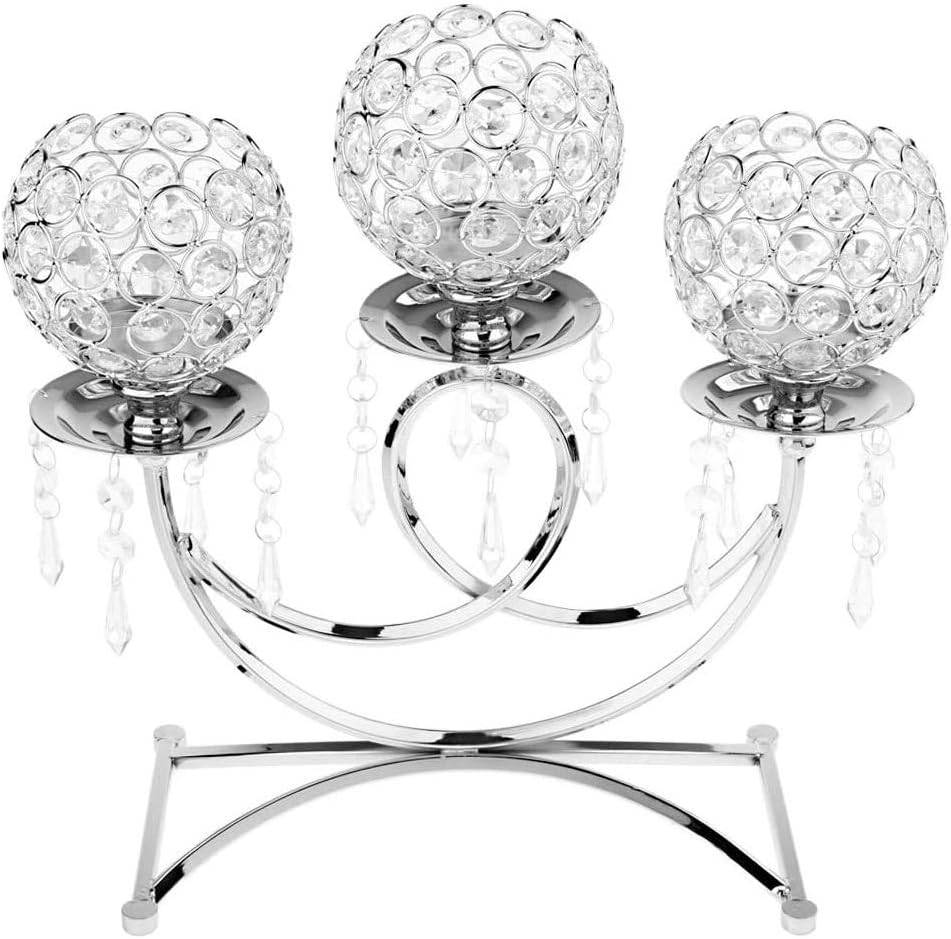 Bougeoir rond en métal cristal à 3 branches, hauteur 35 cm, pour mariages, événements, loisirs créatifs, argenté-Lytech - Image 1