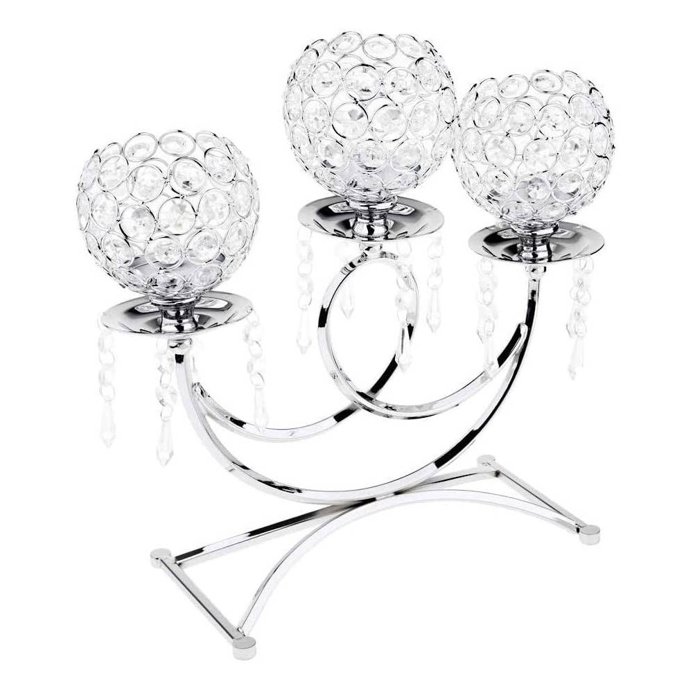 Bougeoir rond en métal cristal à 3 branches, hauteur 35 cm, pour mariages, événements, loisirs créatifs, argenté-Lytech - Image 3