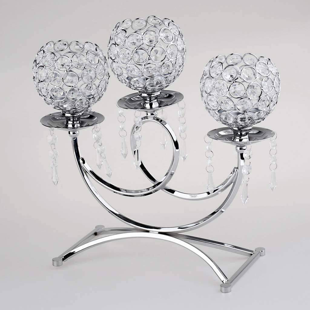 Bougeoir rond en métal cristal à 3 branches, hauteur 35 cm, pour mariages, événements, loisirs créatifs, argenté-Lytech - Image 4