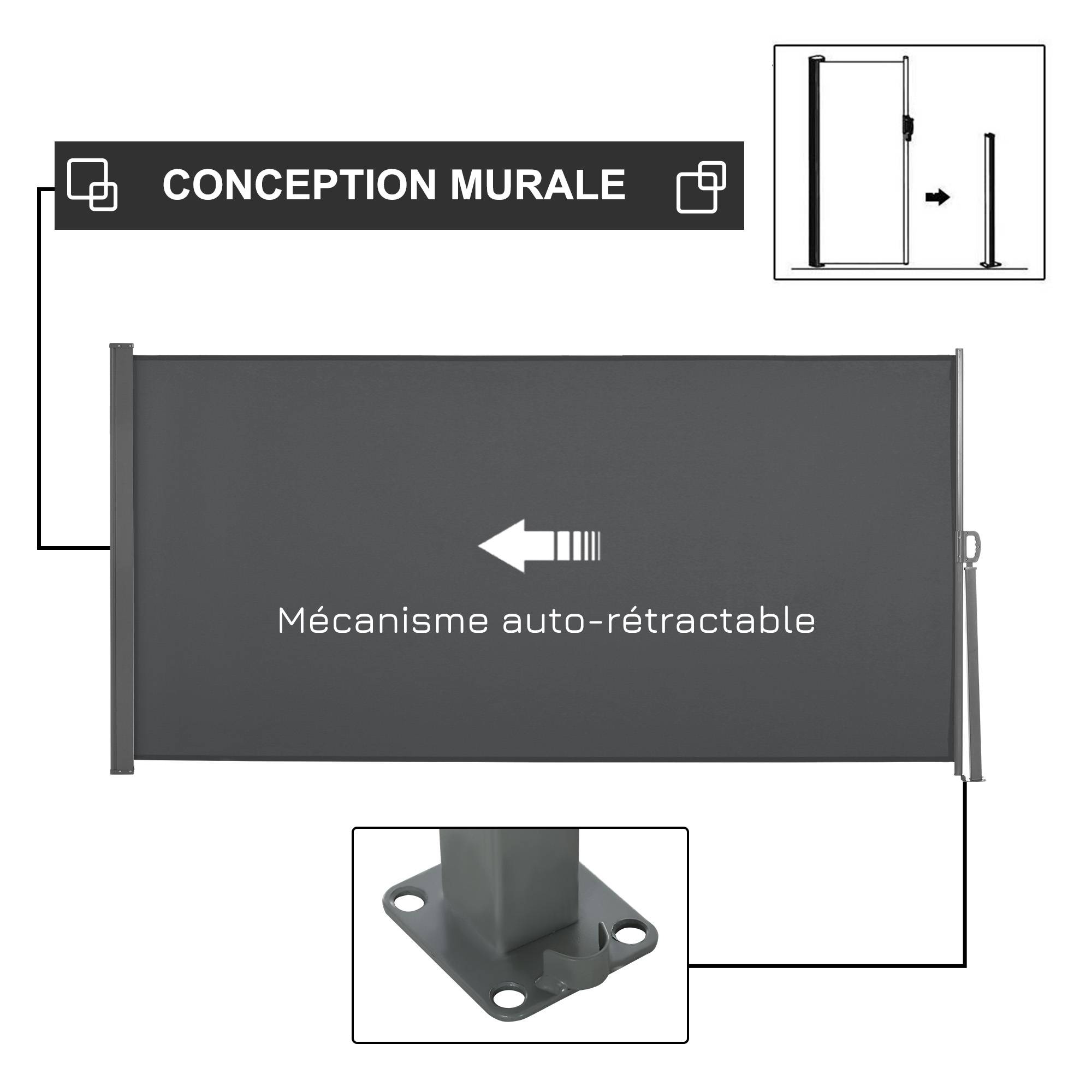 Store latéral brise-vue paravent rétractable 3 x 1,6 m métal polyester imperméable anti-UV haute densité 180 g/m² gris - Image 6