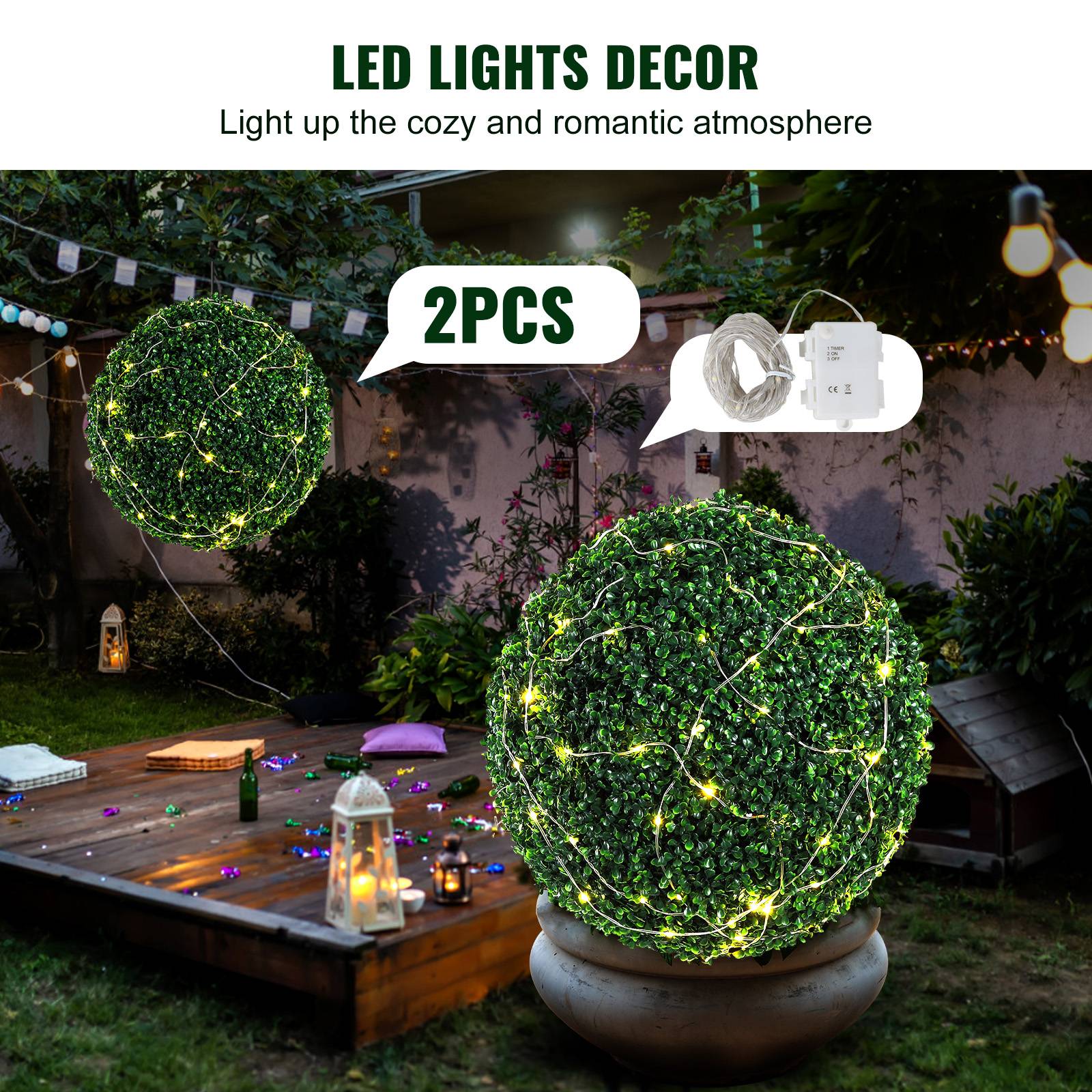 Vevor - VEVOR Buis topiaire artificiel 508 mm, boule, 2 plantes PE, 10 feuilles, 2 LED. Décoration jardin, terrasse. - Image 6