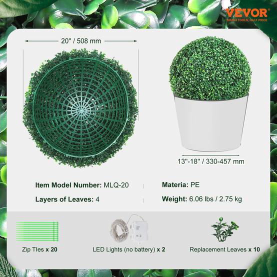 Vevor - VEVOR Buis topiaire artificiel 508 mm, boule, 2 plantes PE, 10 feuilles, 2 LED. Décoration jardin, terrasse. - Image 7