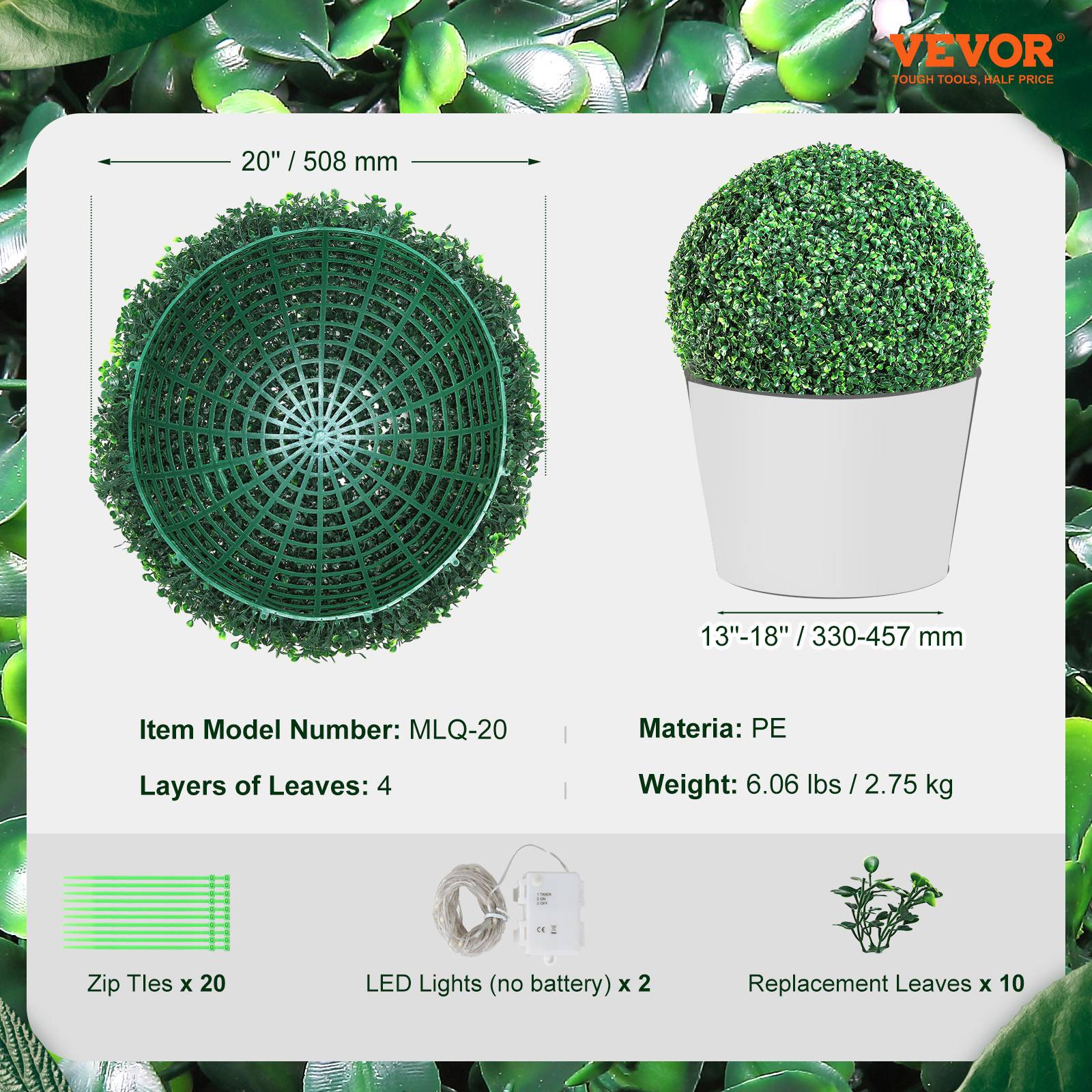 Vevor - VEVOR Buis topiaire artificiel 508 mm, boule, 2 plantes PE, 10 feuilles, 2 LED. Décoration jardin, terrasse. - Image 7