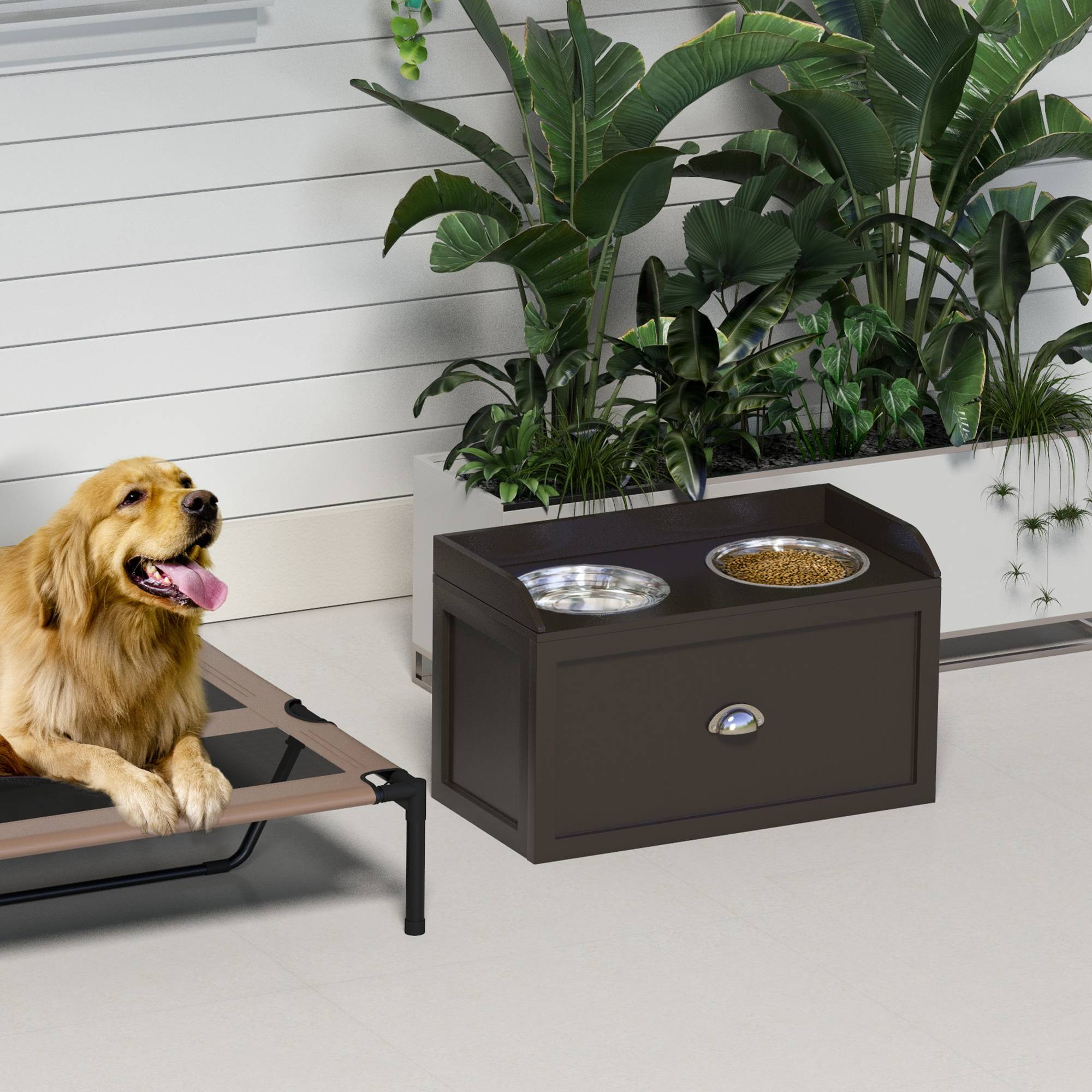 Gamelle surélevée pour grands chiens avec 2 gamelles de 2 litres en acier inoxydable et 1 tiroir, 63 x 30 x 36 cm, marron - Image 3
