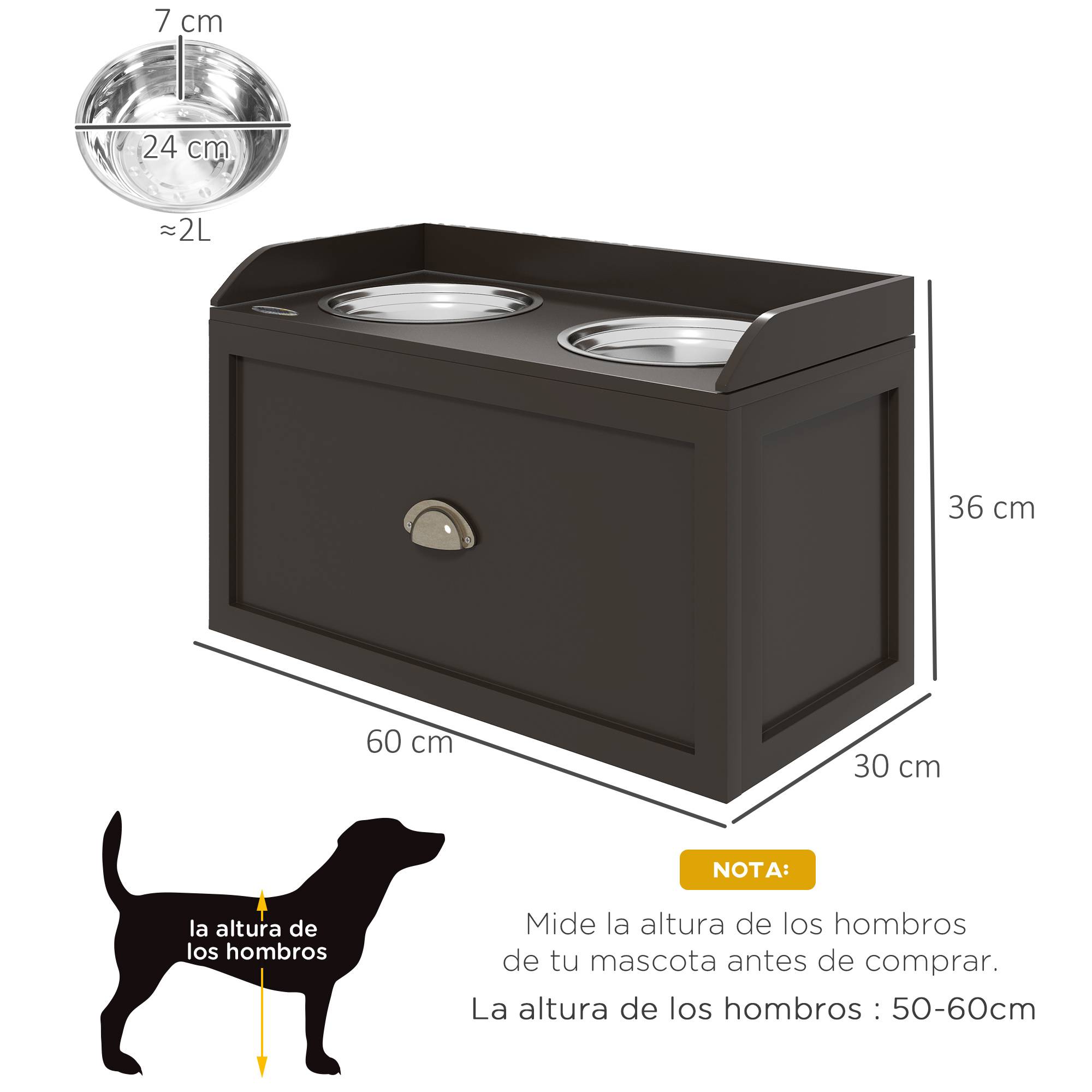 Gamelle surélevée pour grands chiens avec 2 gamelles de 2 litres en acier inoxydable et 1 tiroir, 63 x 30 x 36 cm, marron - Image 5