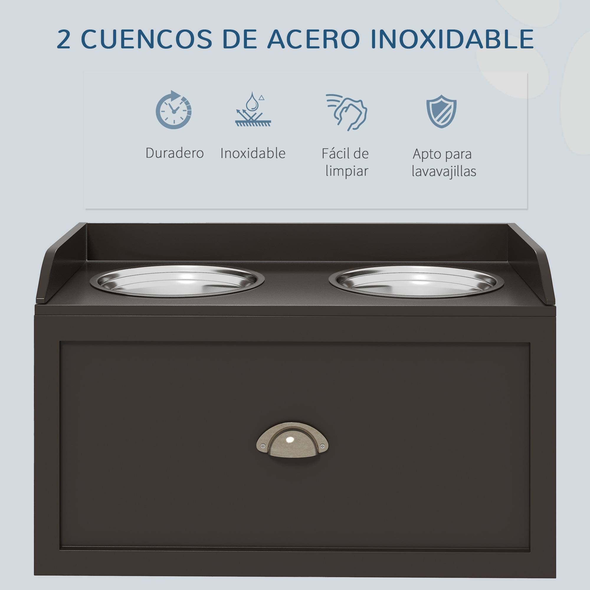 Gamelle surélevée pour grands chiens avec 2 gamelles de 2 litres en acier inoxydable et 1 tiroir, 63 x 30 x 36 cm, marron - Image 8