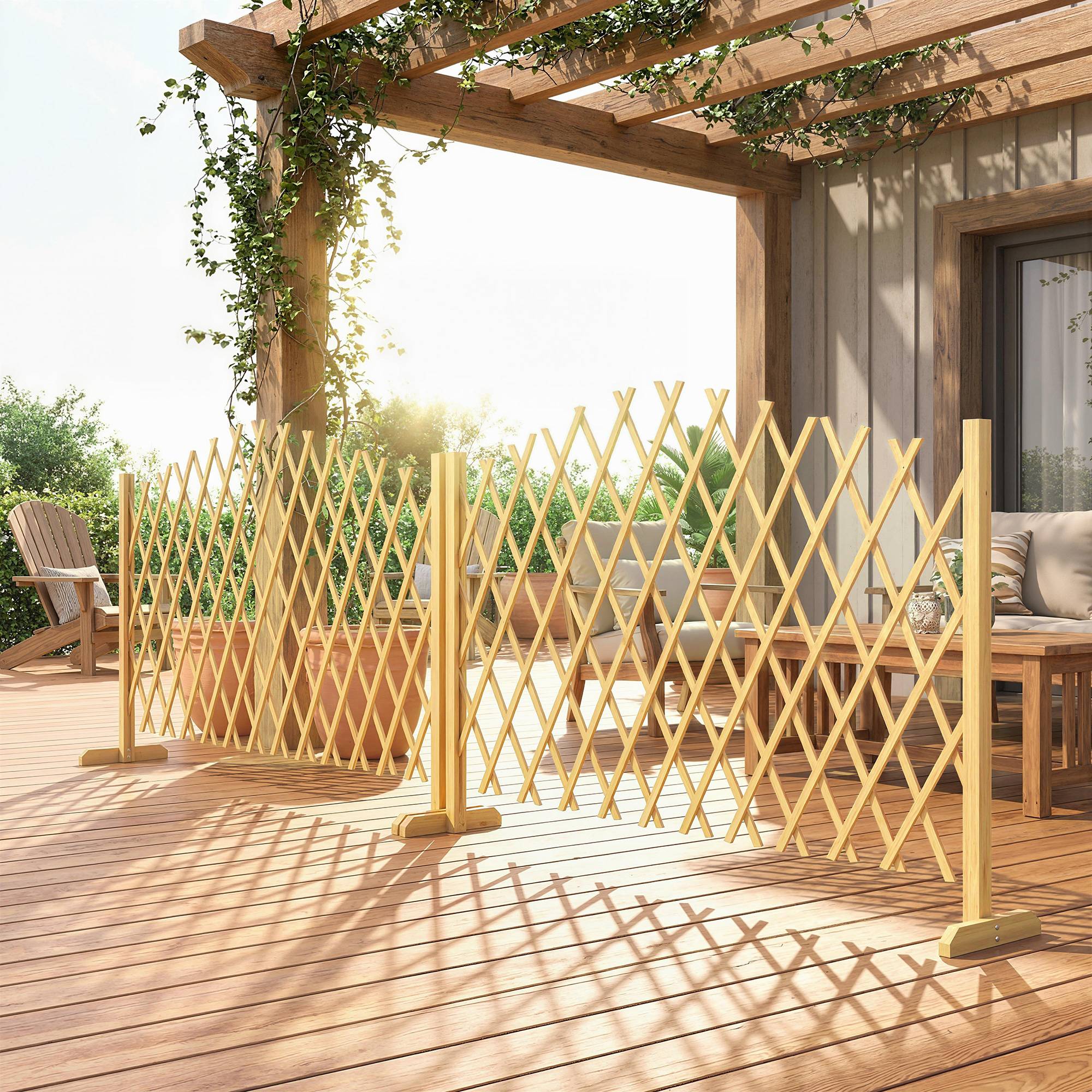 Lot de 2 panneaux de clôture de jardin extensibles en bois pour terrasse – 180 x 30 x 103 cm – Naturel - Image 3