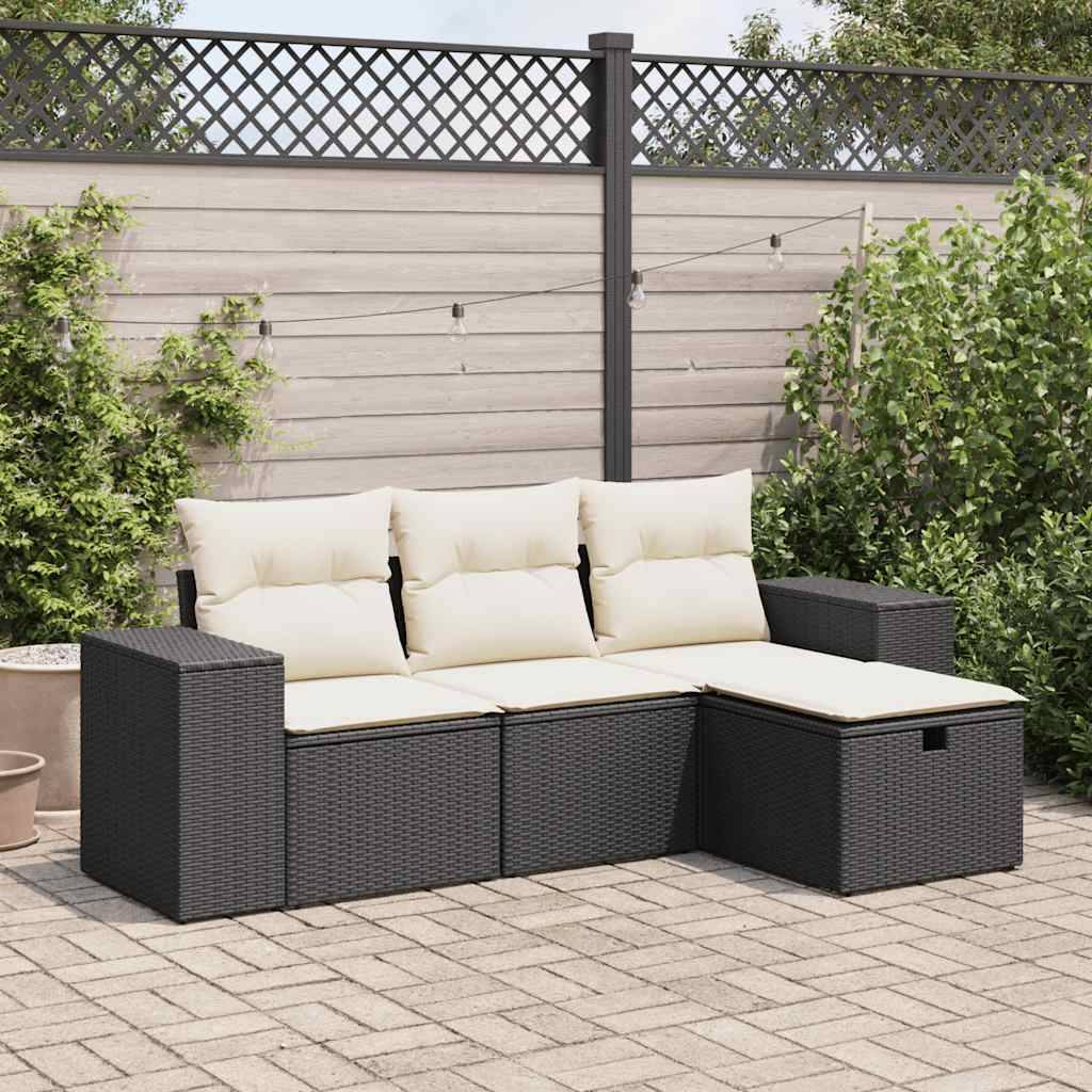 Salon de jardin 4 pcs | Mobilier d'extérieur avec coussins noir résine tressée Maison Chic - Image 2