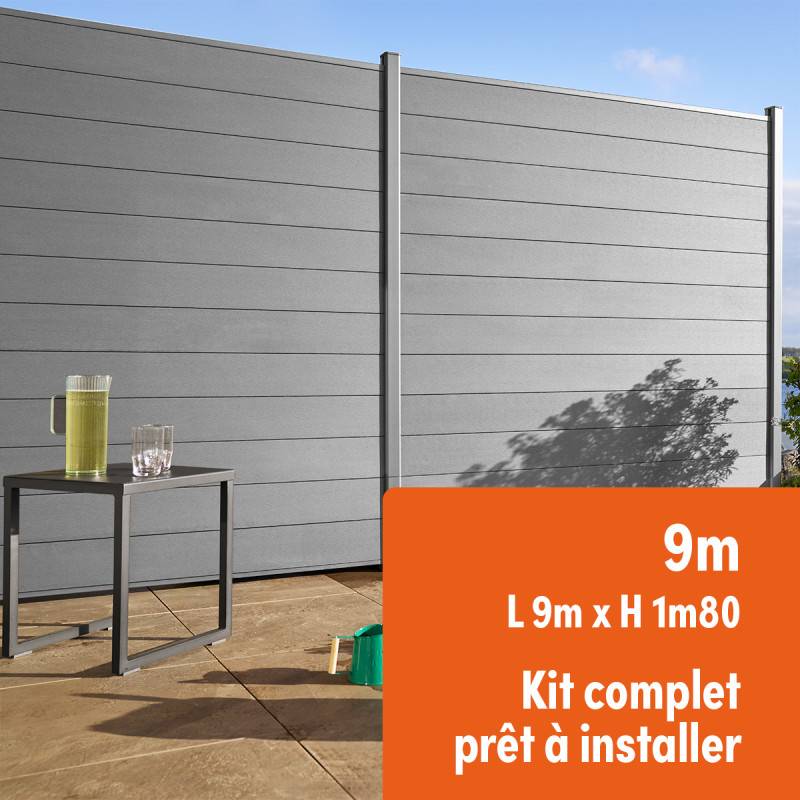 Kit clôture composite et aluminium à sceller H 1m80 L 9m gris quartz avec renforts acier - Palissade - Brise vue - Easy Clôture - Image 1