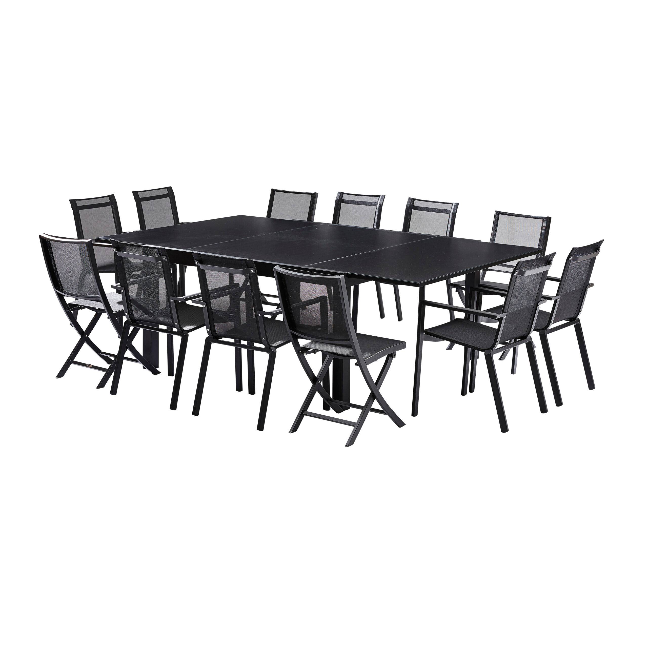 Wilsa Garden - Ensemble BLACKSTAR 8/12p en aluminium noir et verre noir avec 8 fauteuils et 4 chaises pliantes en aluminium et textilène - Image 1