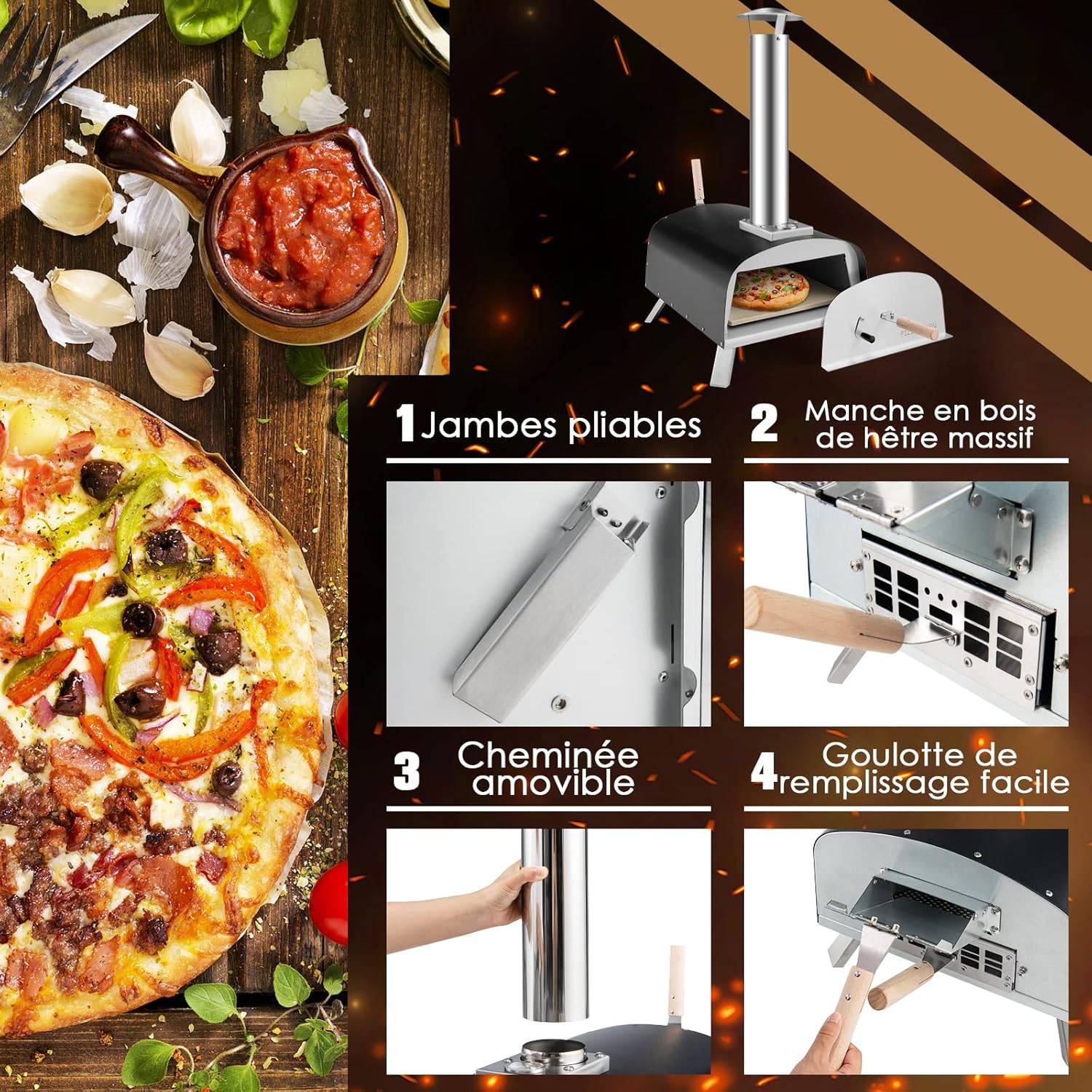 Four à Pizza Extérieur Portable, Machine à Pizza au Feu de Bois avec Pierre à Pizza de 33 cm - Image 6