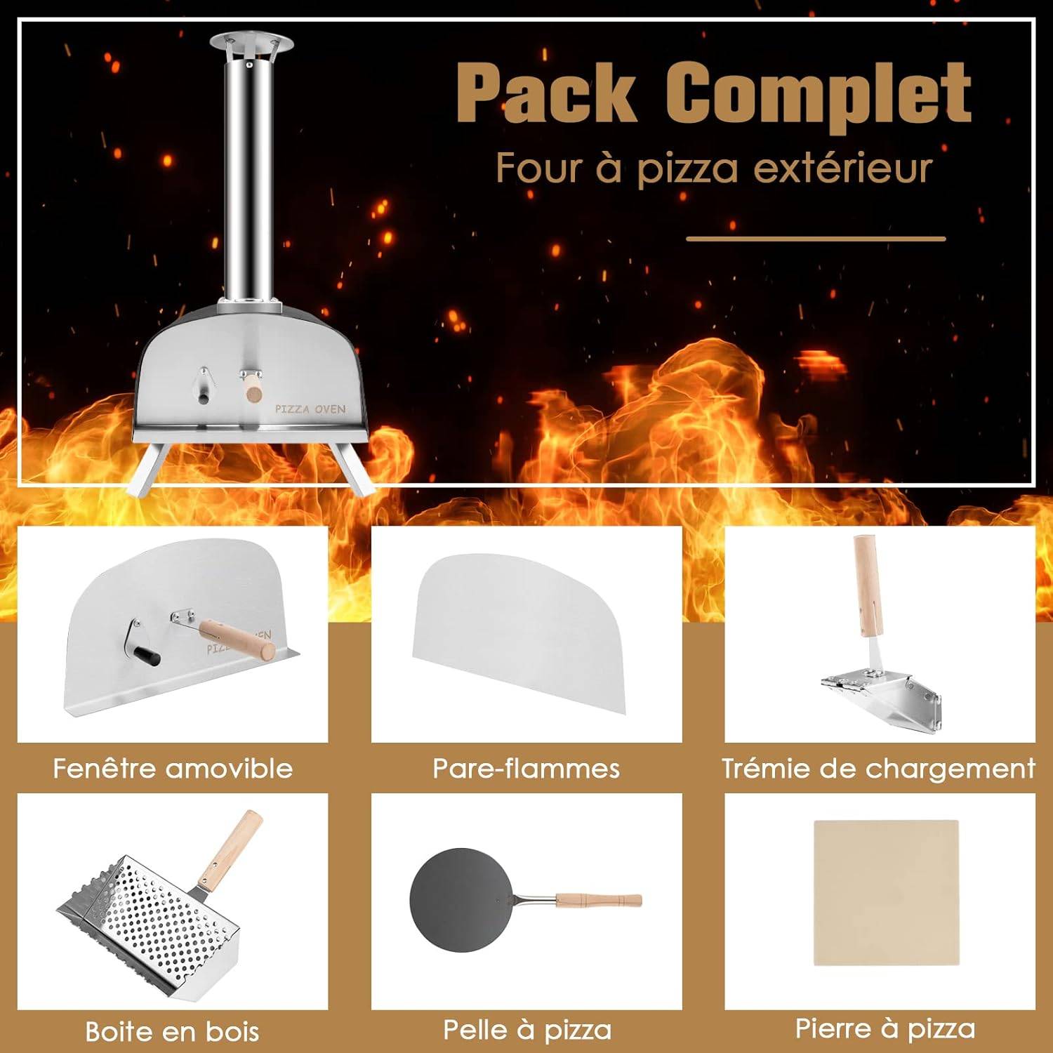 Four à Pizza Extérieur Portable, Machine à Pizza au Feu de Bois avec Pierre à Pizza de 33 cm - Image 2