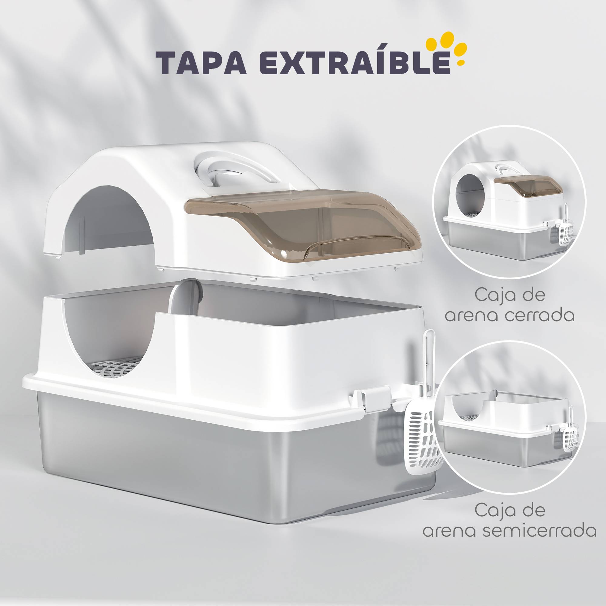 Bac à litière avec couvercle, plateau en acier inoxydable, couvercle amovible, bords hauts pour un nettoyage facile, blanc. - Image 6