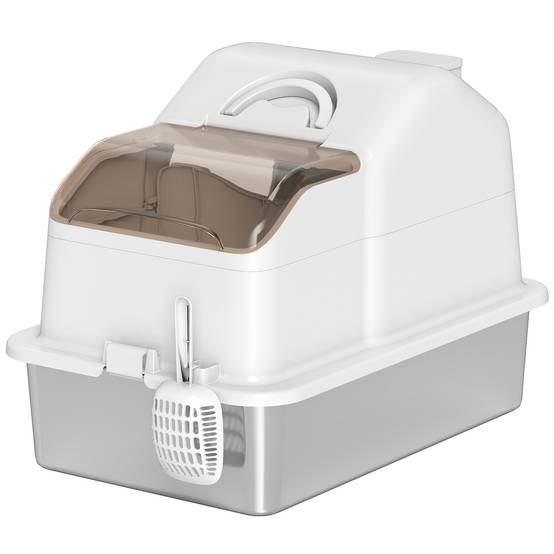 Bac à litière avec couvercle, plateau en acier inoxydable, couvercle amovible, bords hauts pour un nettoyage facile, blanc. - Image 2