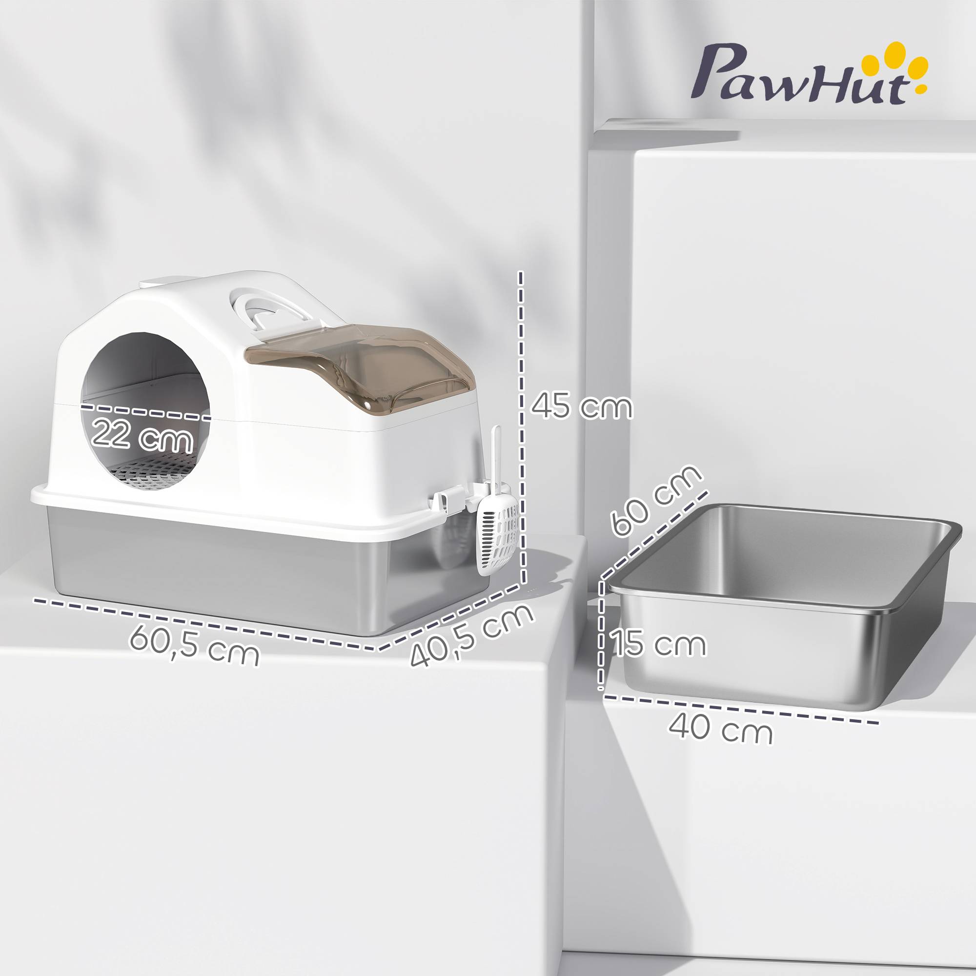 Bac à litière avec couvercle, plateau en acier inoxydable, couvercle amovible, bords hauts pour un nettoyage facile, blanc. - Image 5