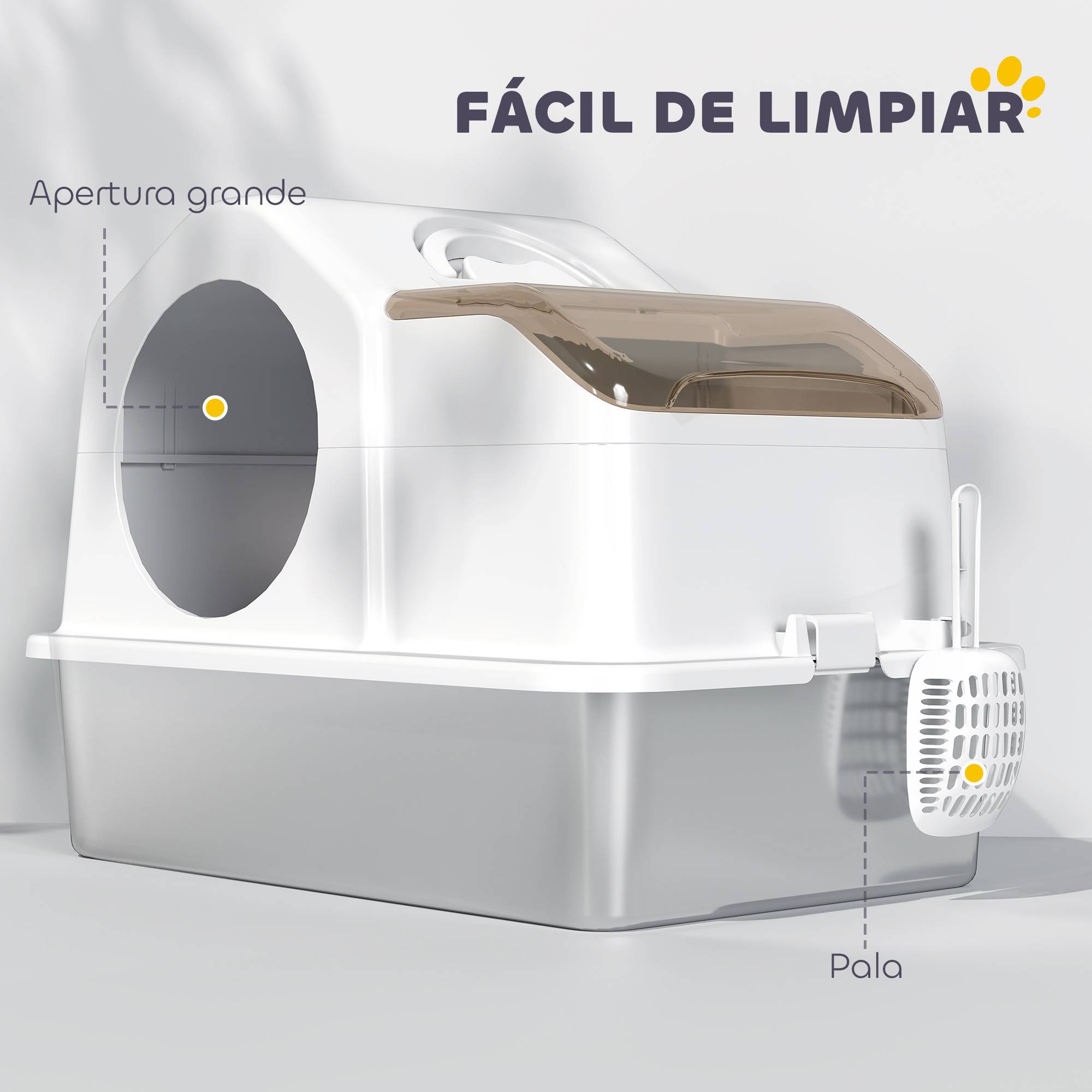 Bac à litière avec couvercle, plateau en acier inoxydable, couvercle amovible, bords hauts pour un nettoyage facile, blanc. - Image 9