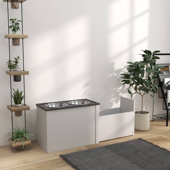 Station de nourriture pour chien avec rangement, MDF, blanc, 60 x 30 x 42 cm - PANGIVO - Image 8