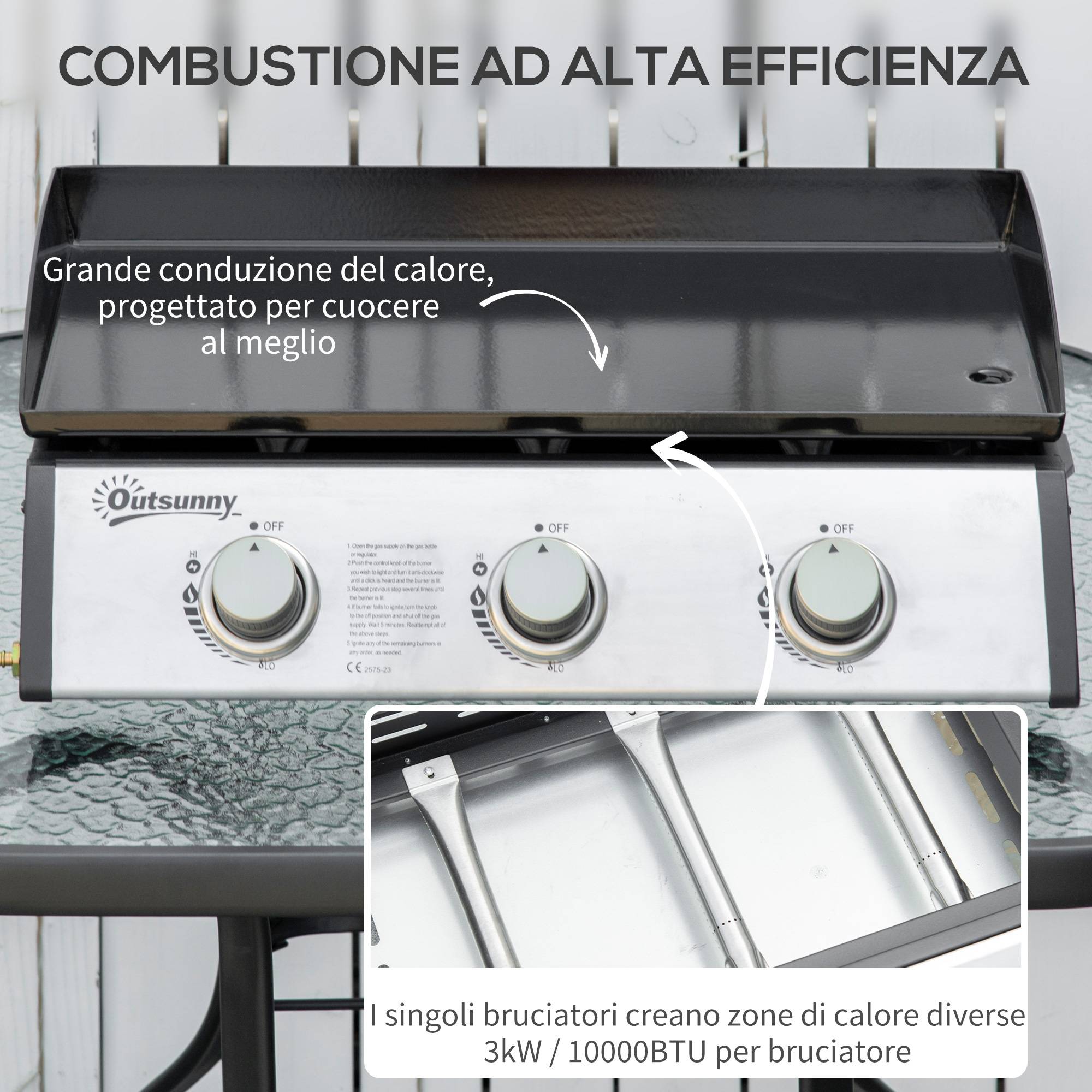 Barbecue à gaz de table antiadhésif avec 3 brûleurs de 3 kW, 62 x 46 x 21 cm, noir - Image 6