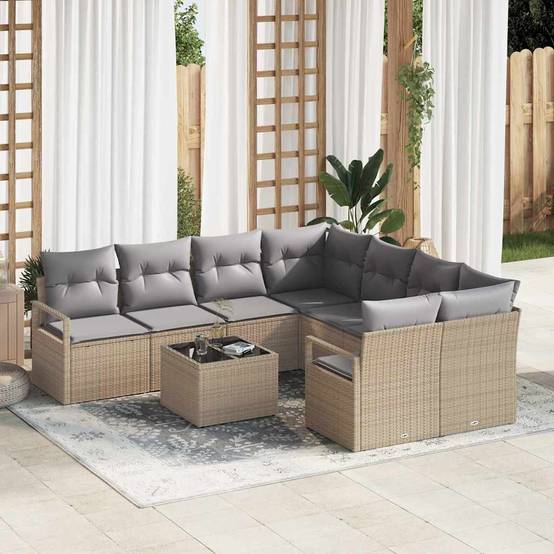 Set Lounge Extérieur 9 pcs Polyrotin Beige et Gris Doux Idéal Moments Conviviaux – ComfortXL Outdoor Living - Image 1