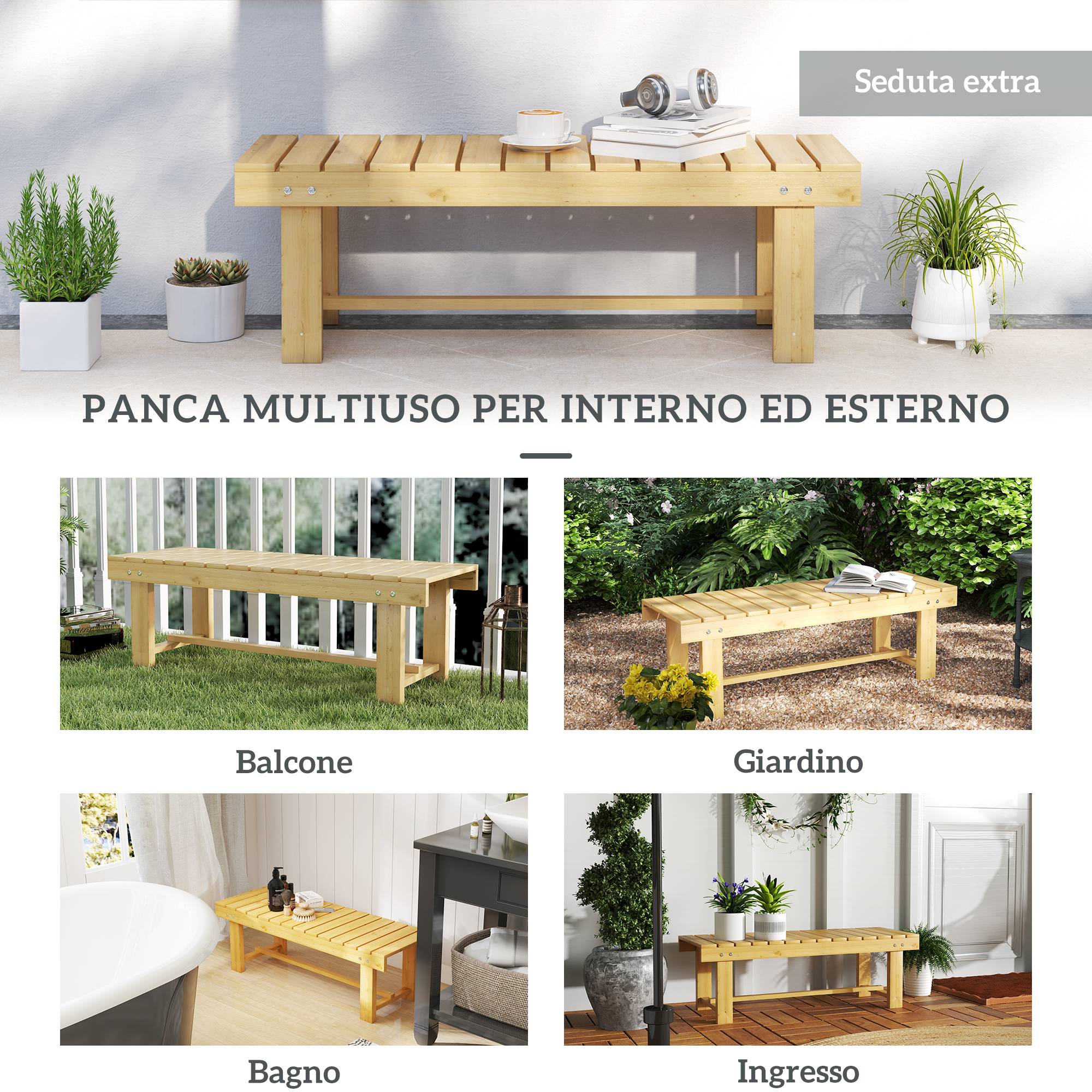 Banc de jardin 2 places imperméable en bois de sapin, 110 x 38 x 35 cm - Image 9