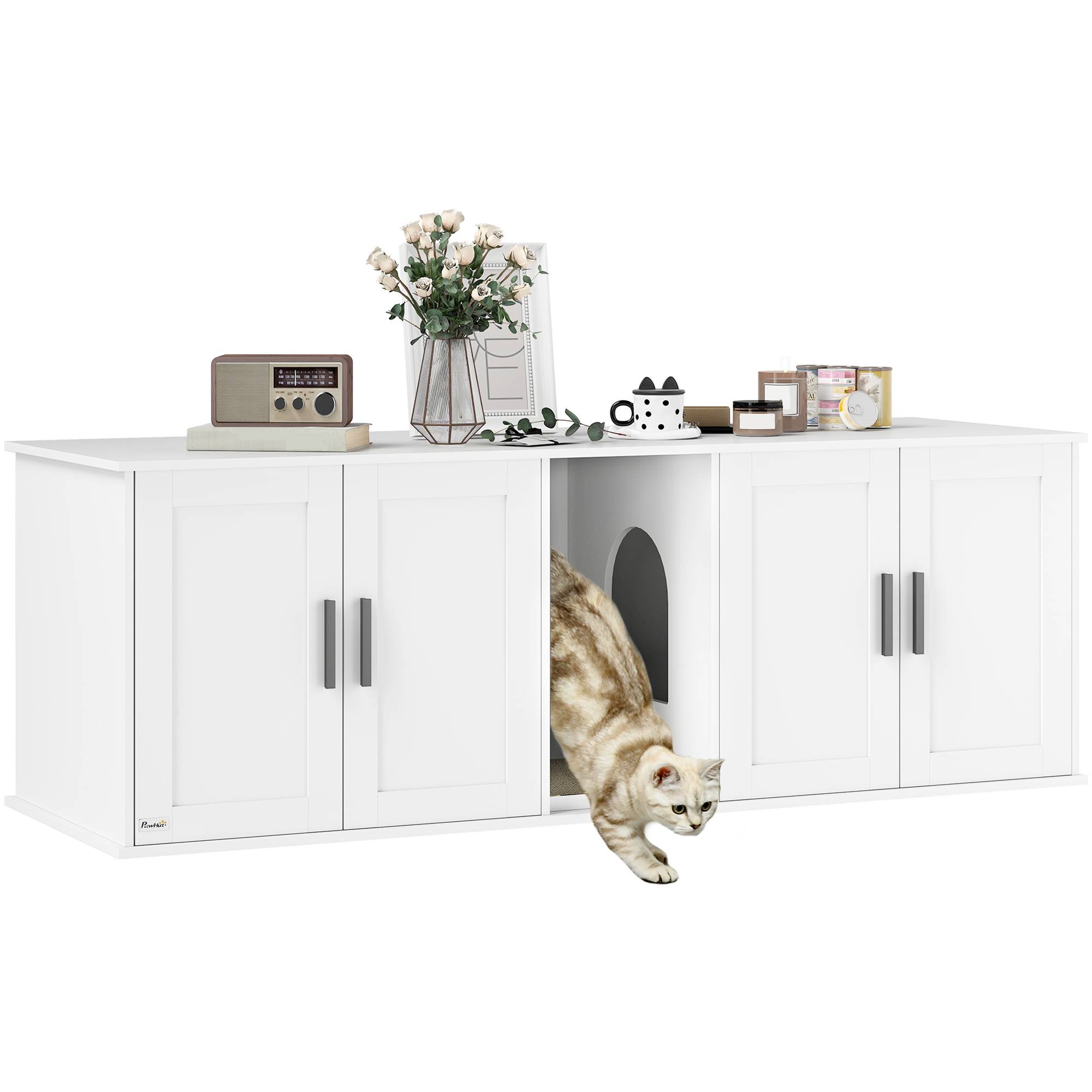 Meuble à litière pour chat, maison pour chat avec porte et cloison, pour grands chats, 145 x 49 x 51 cm, blanc - Image 1