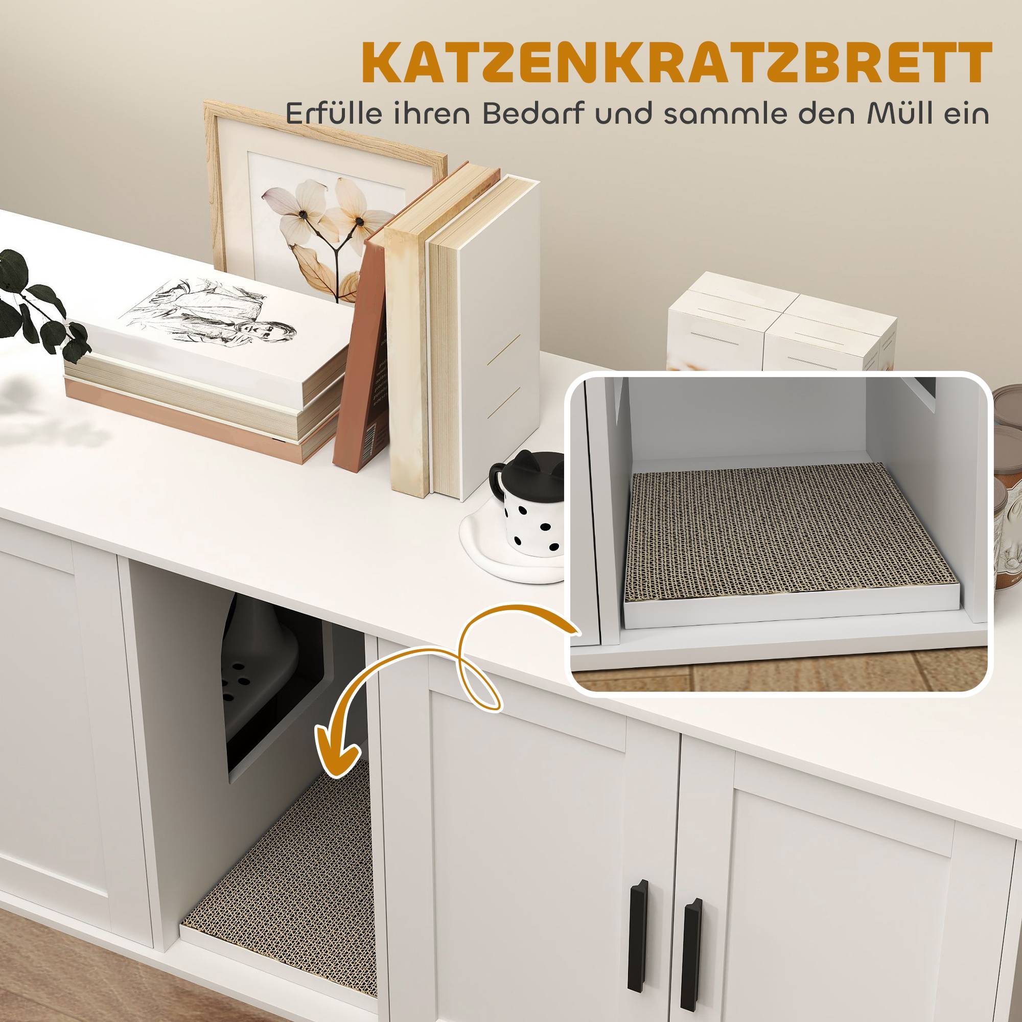 Meuble à litière pour chat, maison pour chat avec porte et cloison, pour grands chats, 145 x 49 x 51 cm, blanc - Image 9