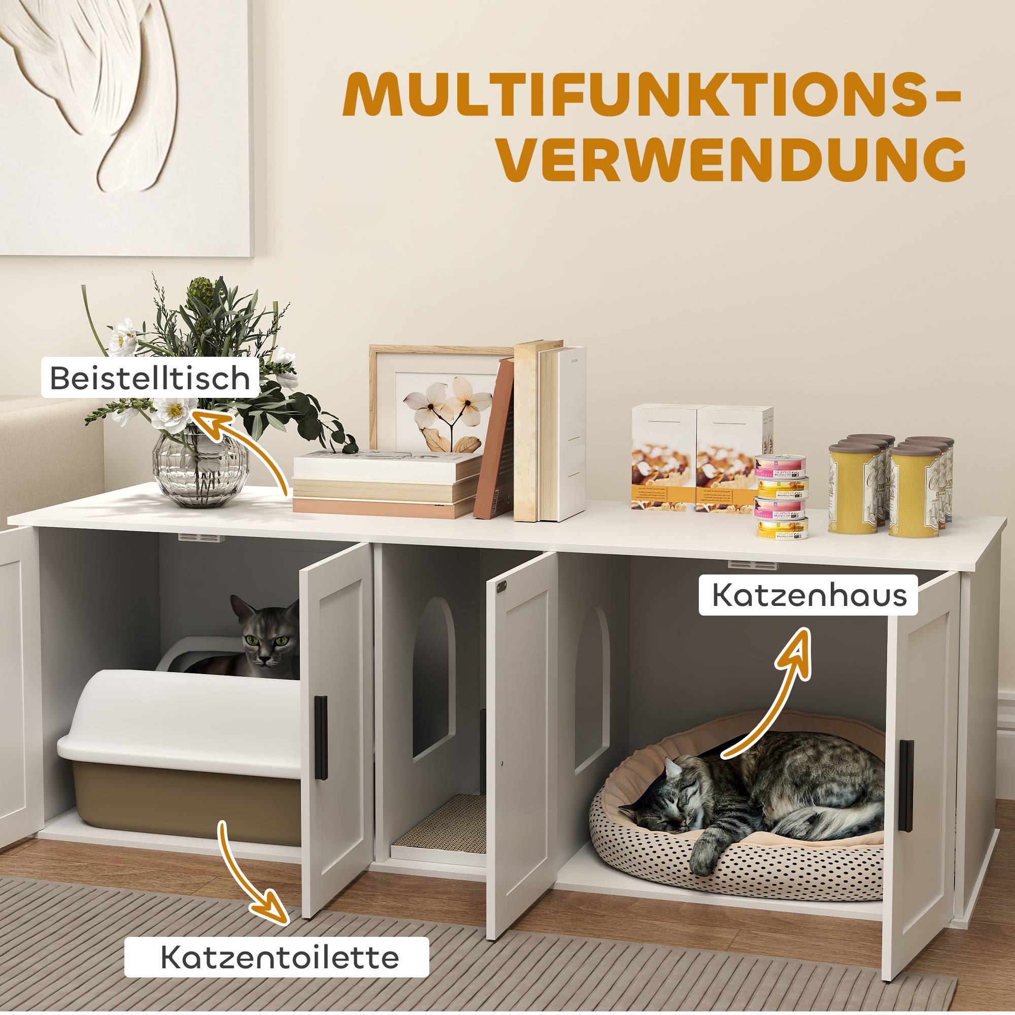 Meuble à litière pour chat, maison pour chat avec porte et cloison, pour grands chats, 145 x 49 x 51 cm, blanc - Image 6