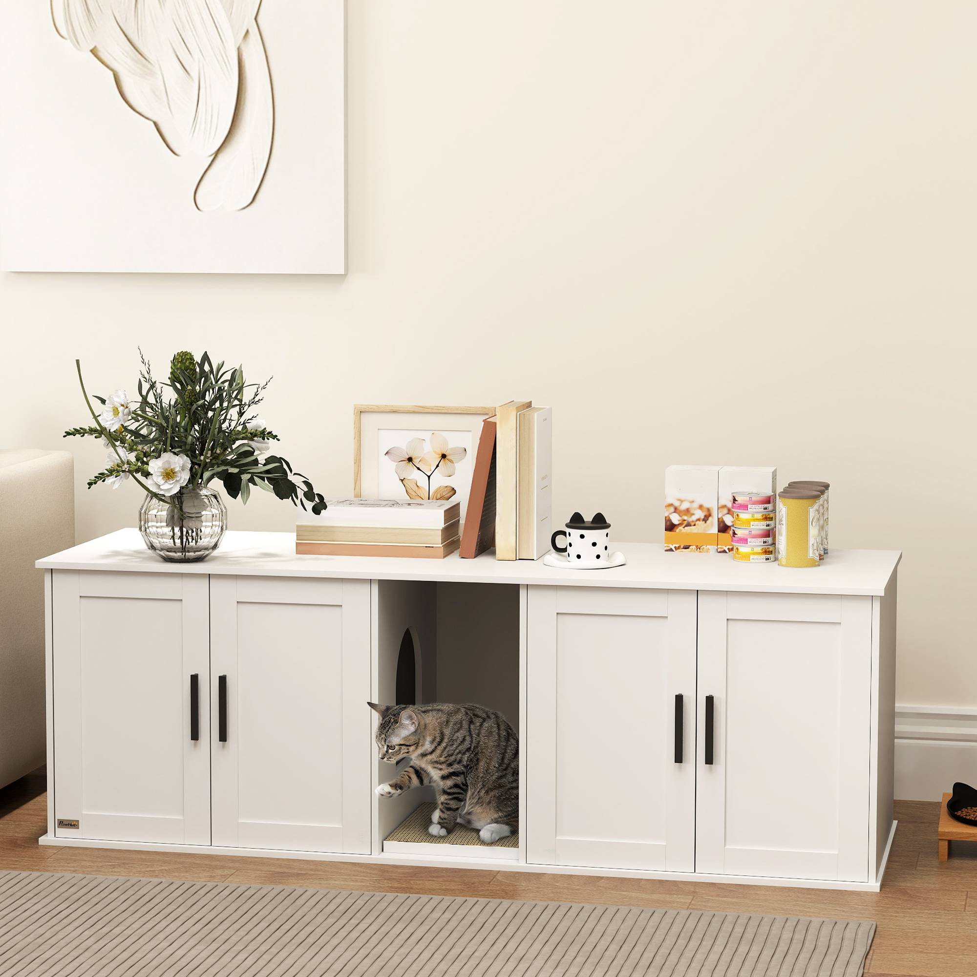 Meuble à litière pour chat, maison pour chat avec porte et cloison, pour grands chats, 145 x 49 x 51 cm, blanc - Image 4