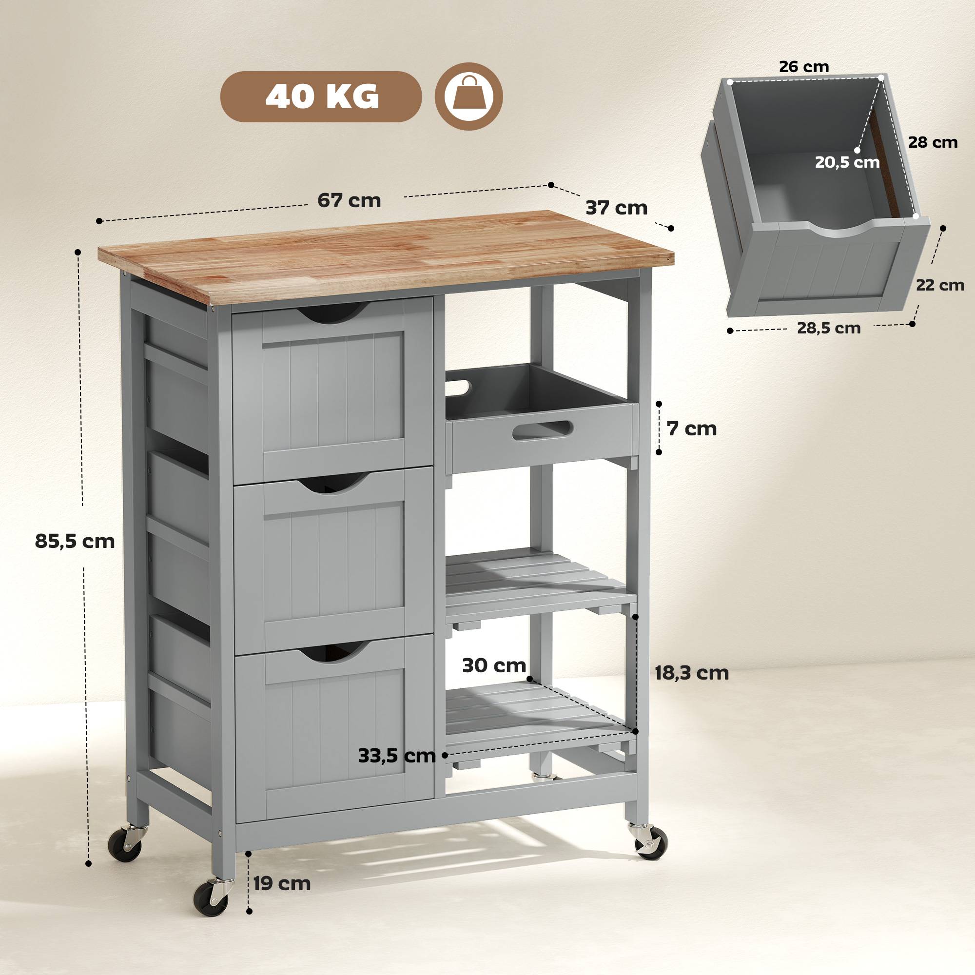 Chariot desserte de cuisine à roulettes plan de travail en bois 3 tiroirs et 1 plateau amovible 67 x 37 x 85,5 cm gris - Image 5