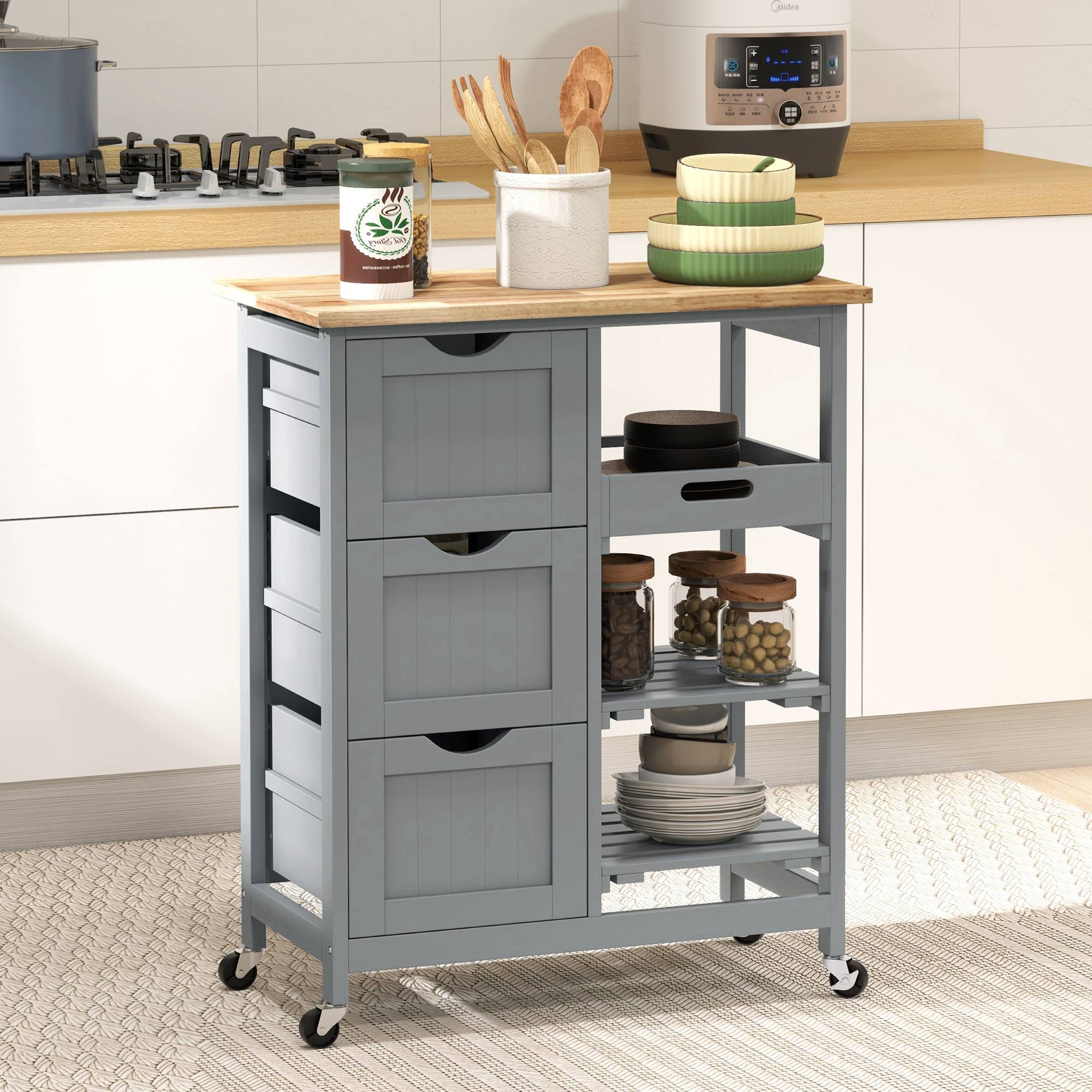 Chariot desserte de cuisine à roulettes plan de travail en bois 3 tiroirs et 1 plateau amovible 67 x 37 x 85,5 cm gris - Image 3