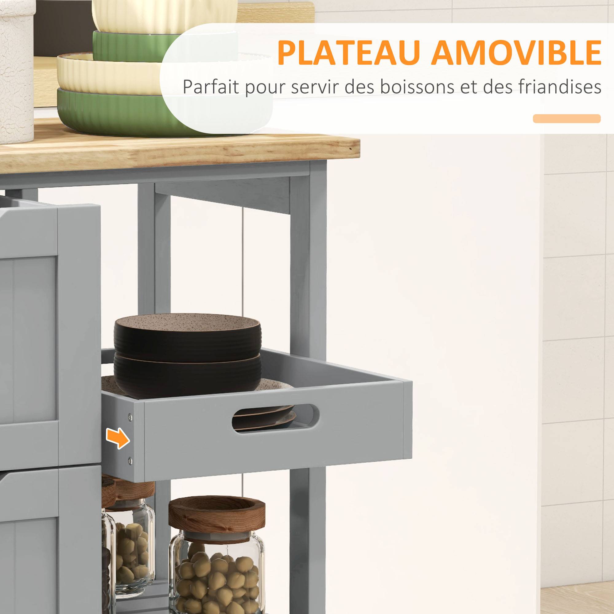 Chariot desserte de cuisine à roulettes plan de travail en bois 3 tiroirs et 1 plateau amovible 67 x 37 x 85,5 cm gris - Image 7