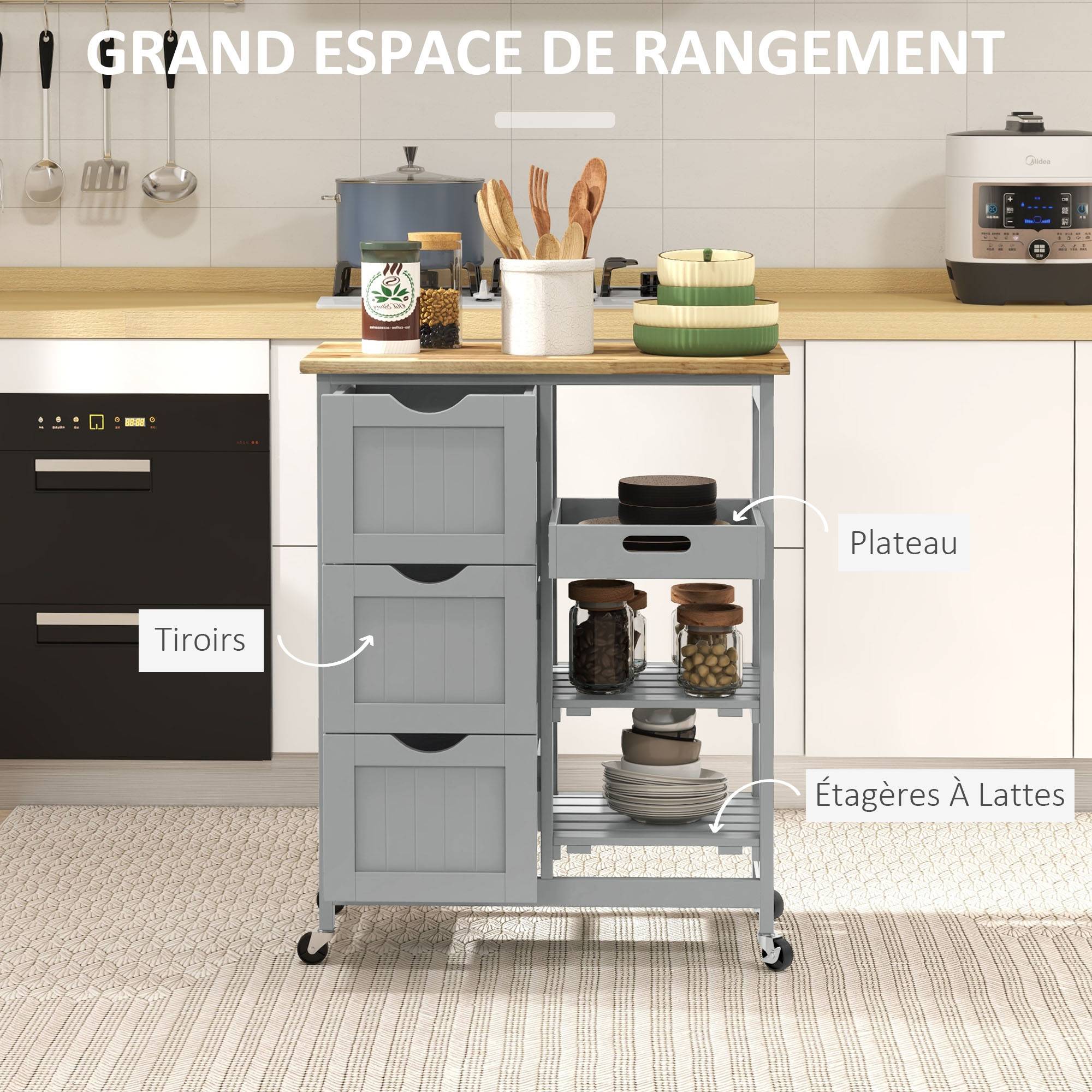 Chariot desserte de cuisine à roulettes plan de travail en bois 3 tiroirs et 1 plateau amovible 67 x 37 x 85,5 cm gris - Image 6
