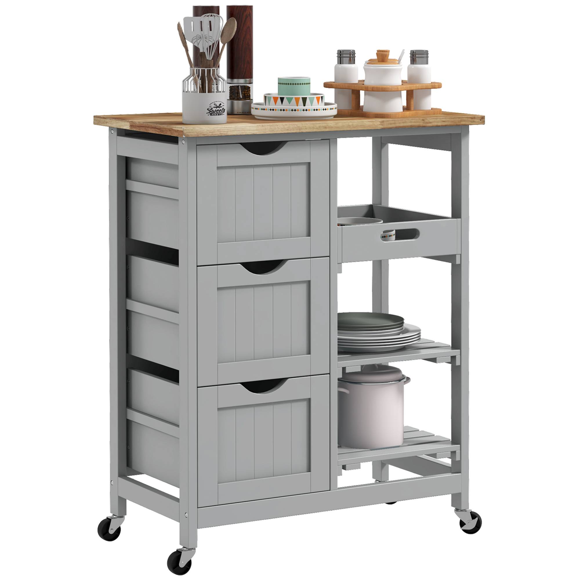 Chariot desserte de cuisine à roulettes plan de travail en bois 3 tiroirs et 1 plateau amovible 67 x 37 x 85,5 cm gris - Image 1