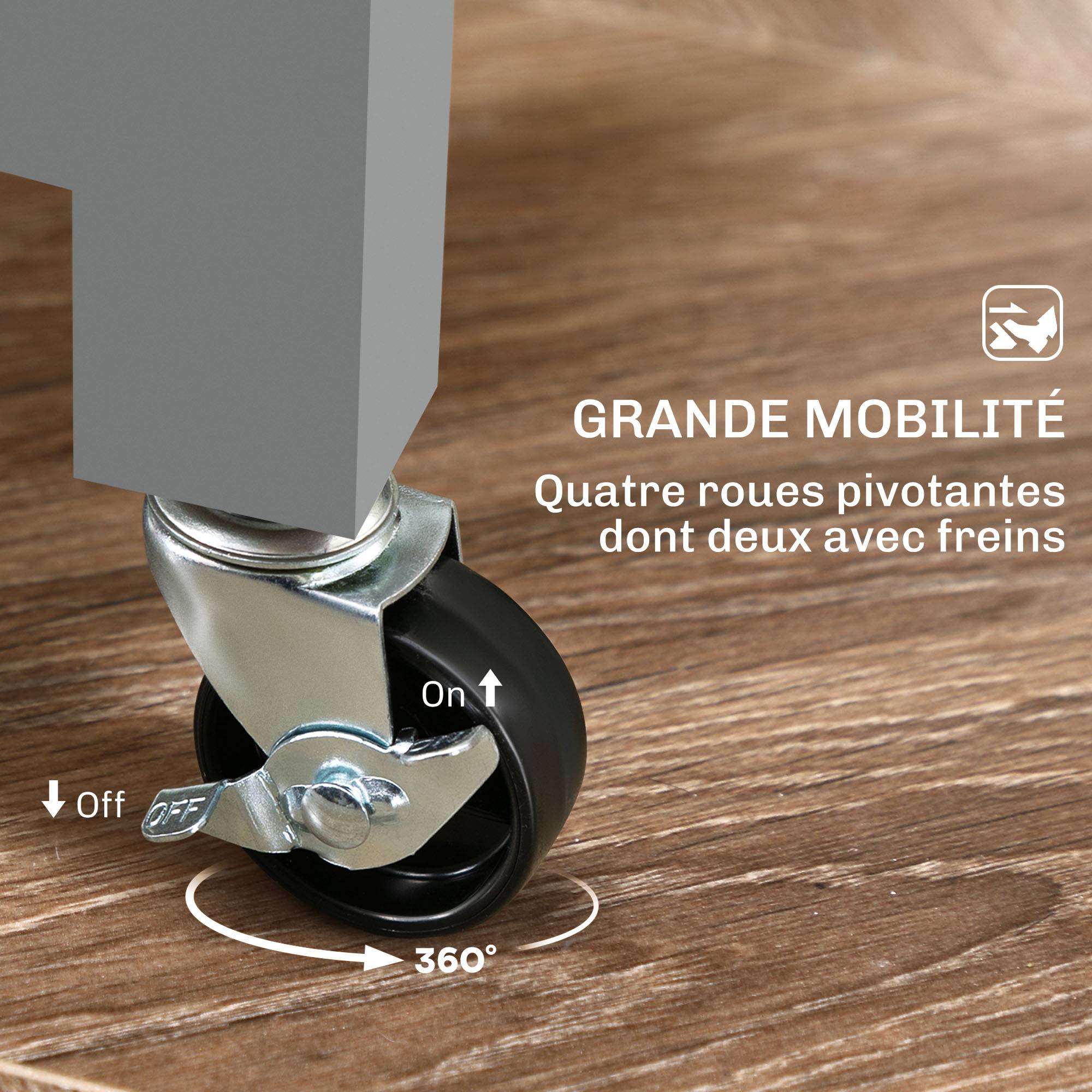 Chariot desserte de cuisine à roulettes plan de travail en bois 3 tiroirs et 1 plateau amovible 67 x 37 x 85,5 cm gris - Image 9