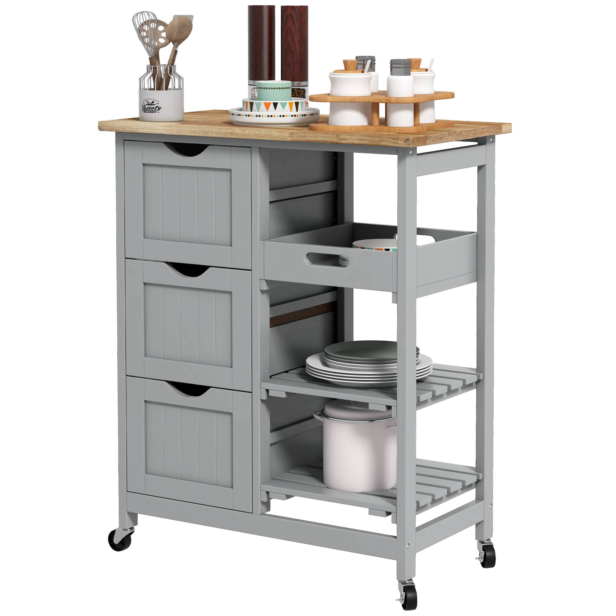 Chariot desserte de cuisine à roulettes plan de travail en bois 3 tiroirs et 1 plateau amovible 67 x 37 x 85,5 cm gris - Image 2