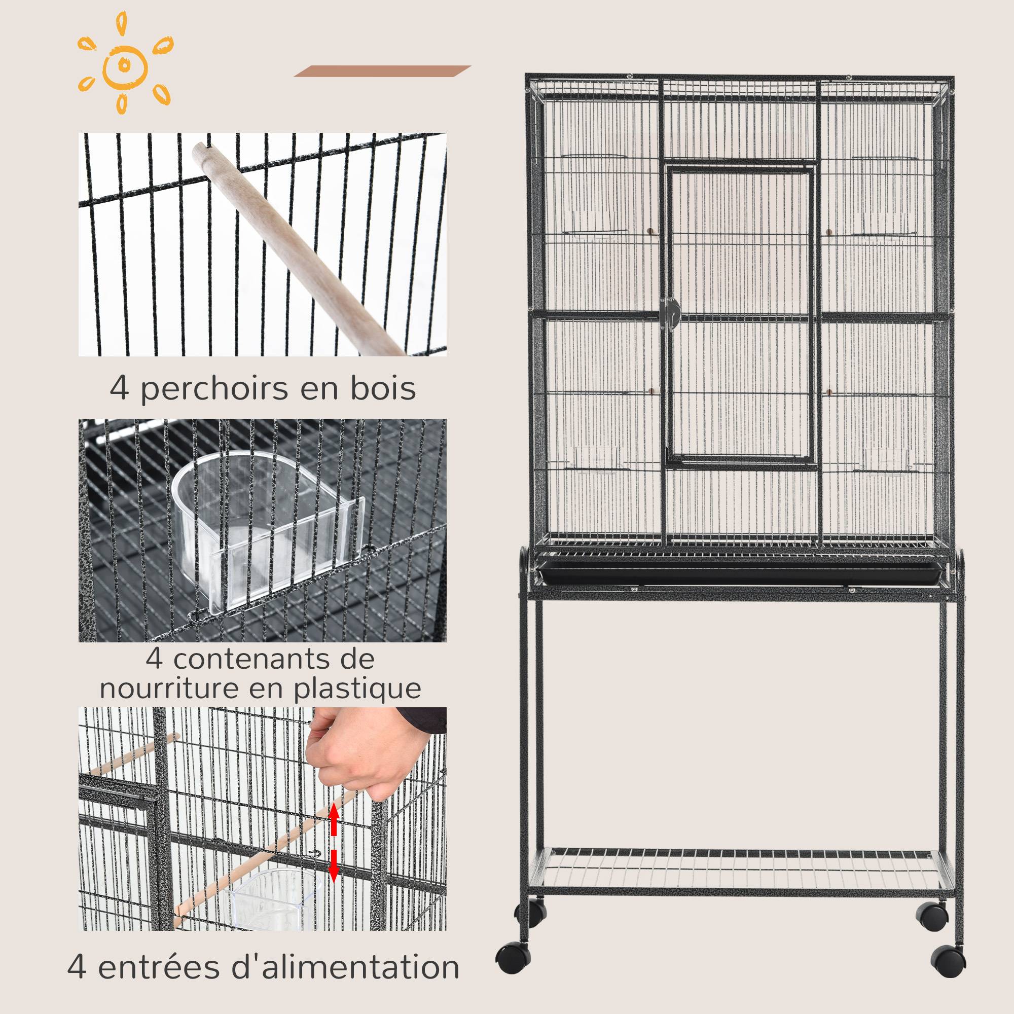 Sans Marque - Cage à Oiseaux Portable avec 4 Mangeoires et 4 Perchoirs Pratique 77 x 47 x 163 cm Noir et Gris - Image 6