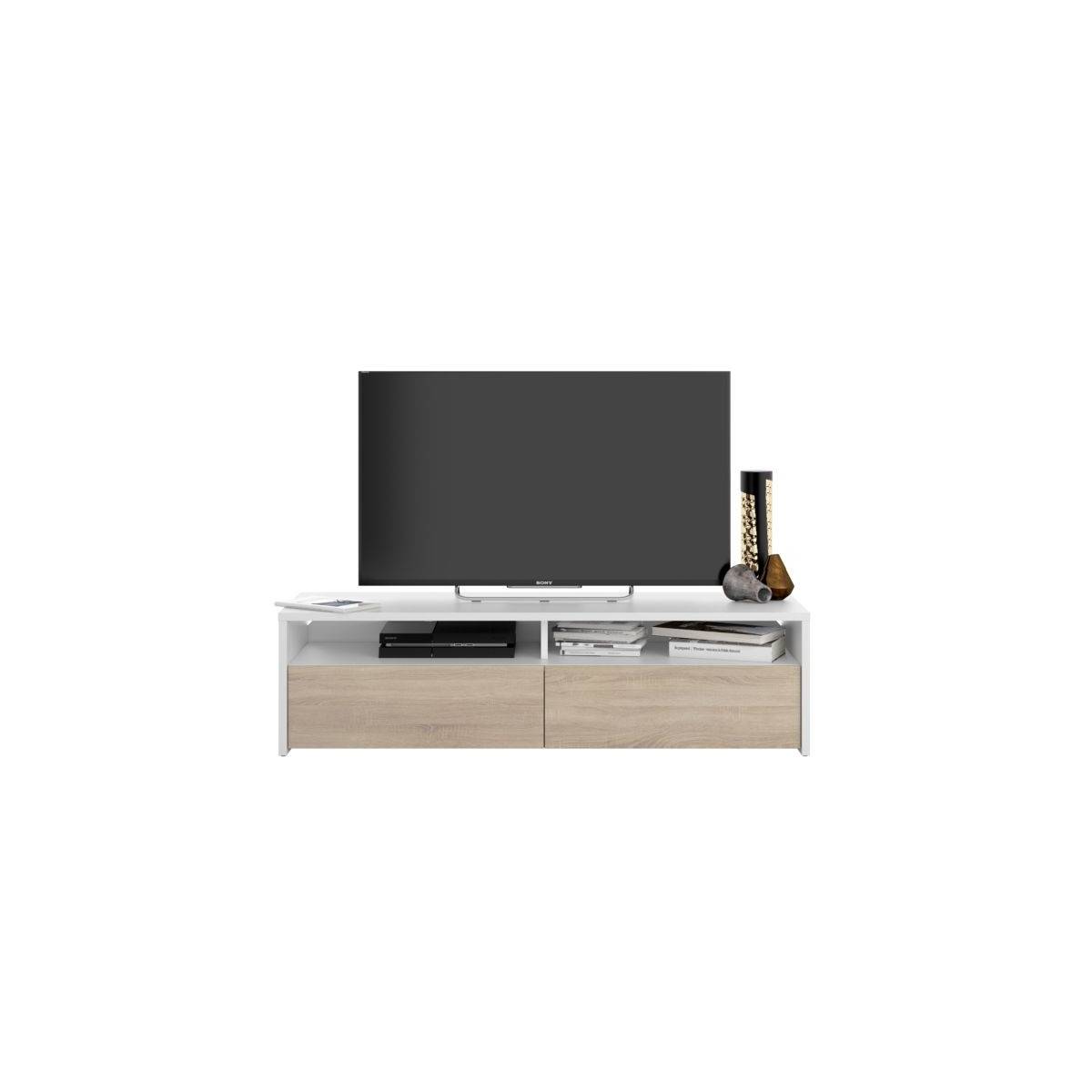 Meuble TV 2 Portes & 2 Niches "Juco" 130cm Blanc & Chêne - Image 5
