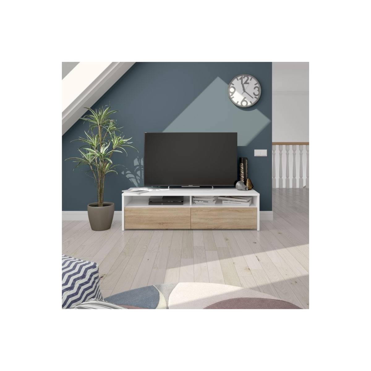 Meuble TV 2 Portes & 2 Niches "Juco" 130cm Blanc & Chêne - Image 4