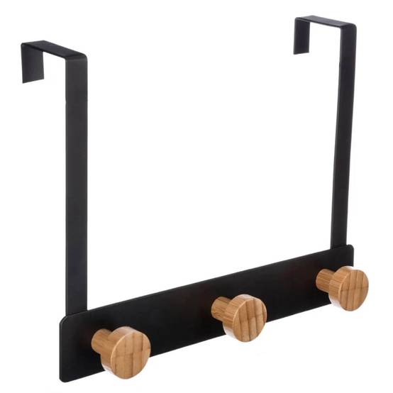 Patère en Métal & Bambou "3 Têtes" 20cm Noir - Image 1