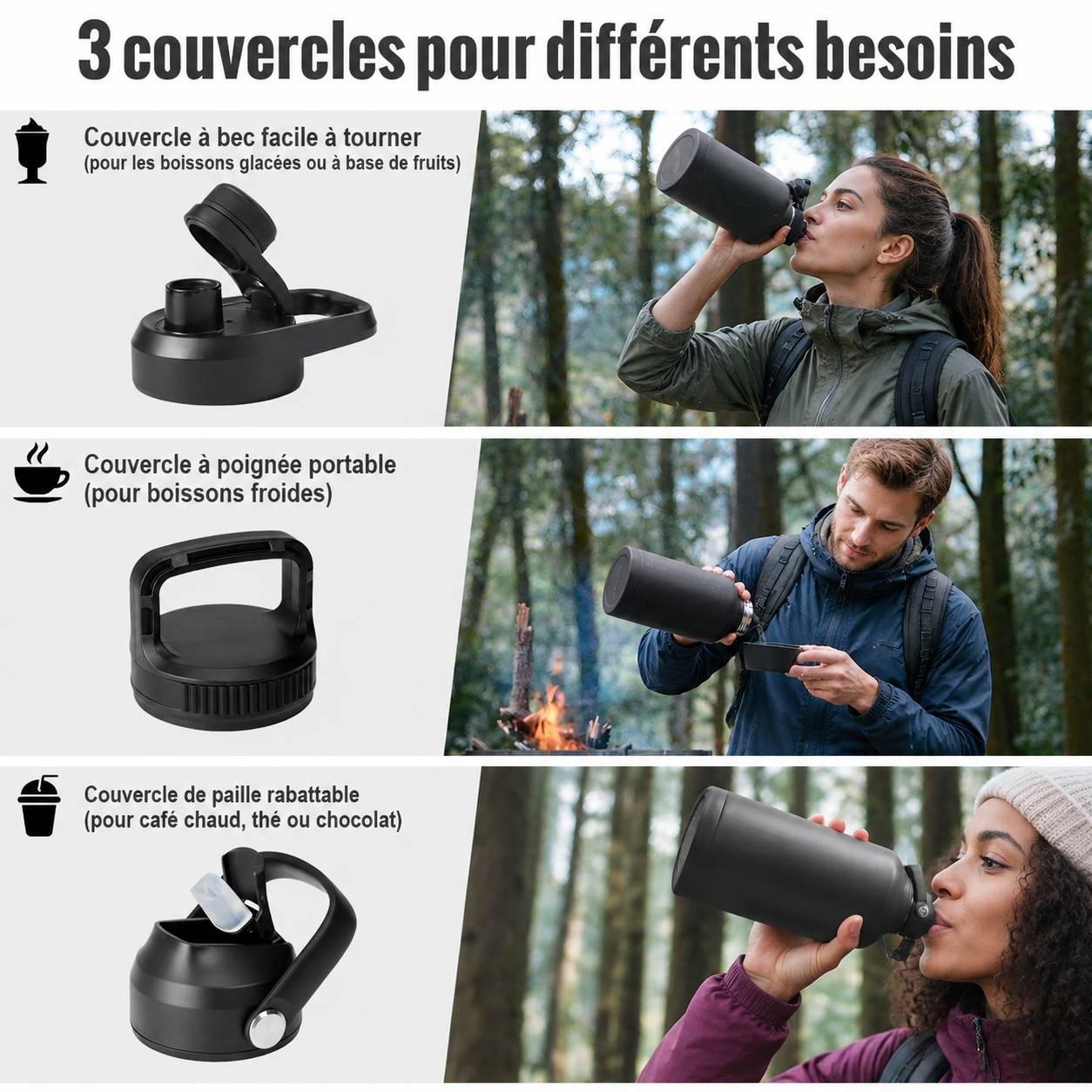 Bouteille Isotherme Acier Inoxydable 2L 24h Chaud 48h Froid 3 Couvercles Anti-fuite Écologique - Image 3