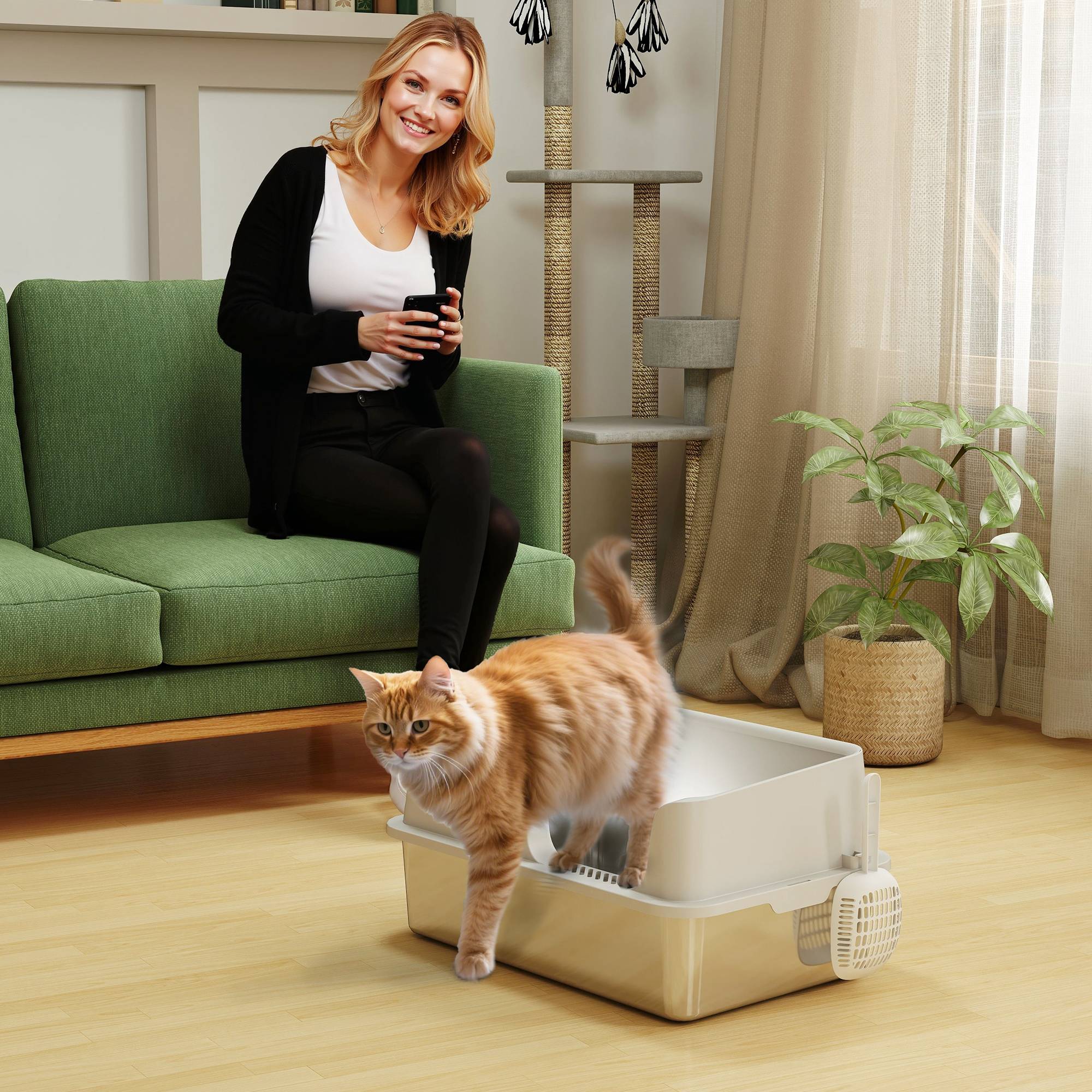 Bac litière chat acier inox PP bords hauts grand espace anti-odeur 60x40x28cm gris - ComfortXL Outdoor Living - Image 4